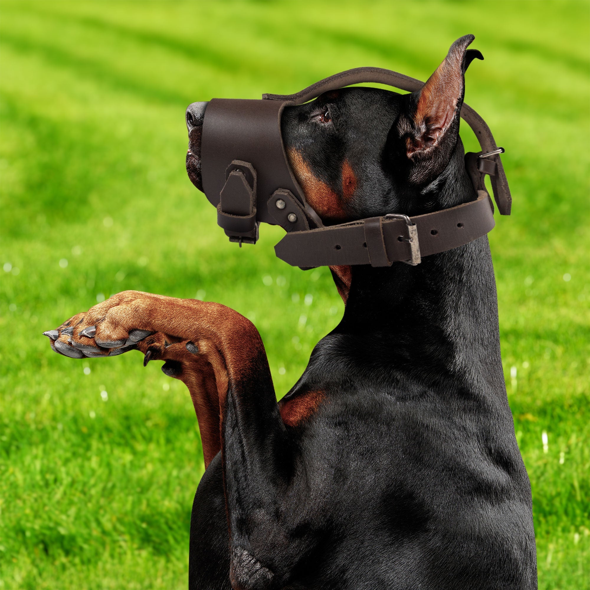 A Doberman wearing the Anti Bite Dog Muzzle by Taco Dog, designed as a rustic dog muzzle guard with adjustable straps for secure training. This stylish mouth guard mask limits biting and chewing, made of full grain leather, representing small batch production and artisan craftsmanship in La Antigua Guatemala & Oaxaca Mexico.