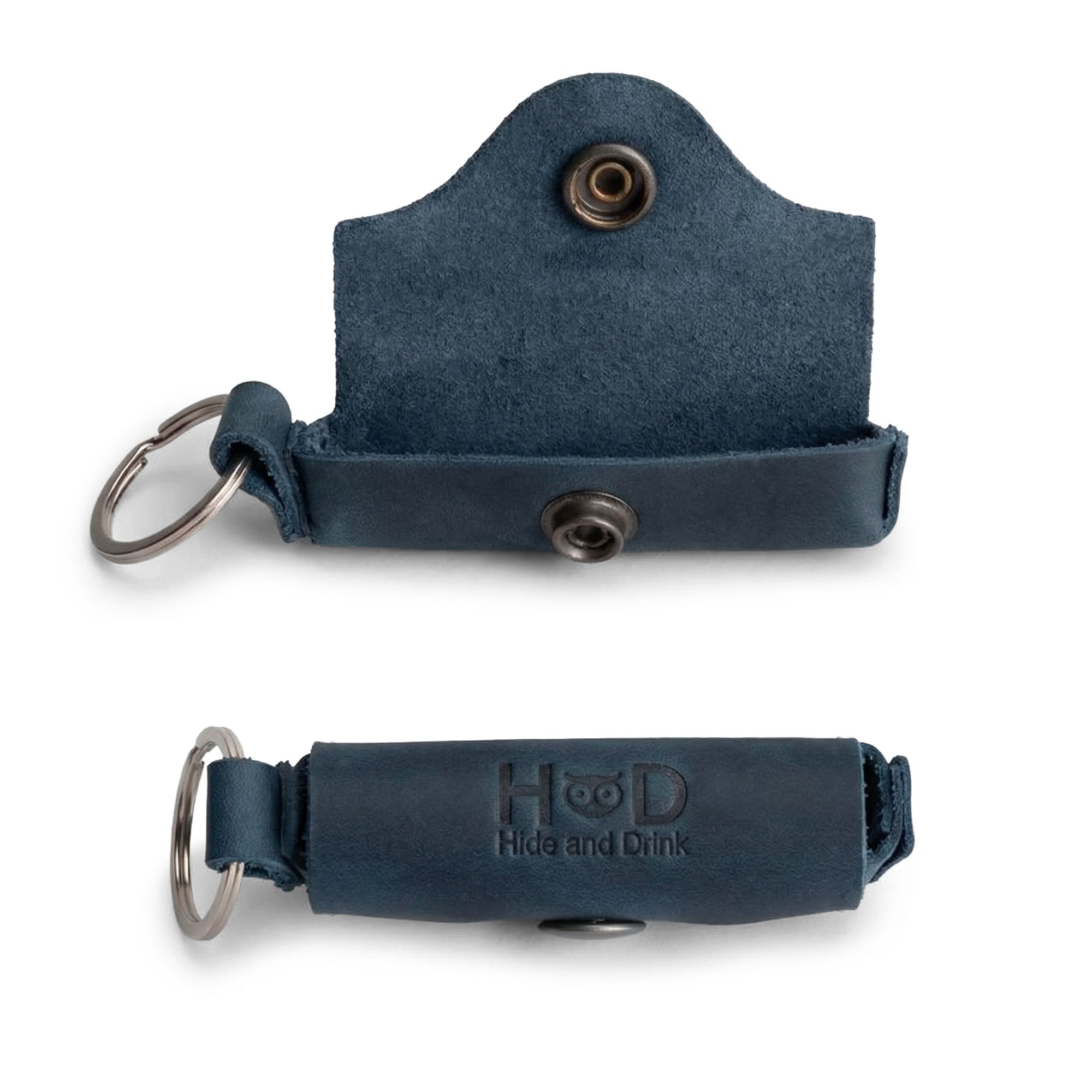 The back view of the Hide & Drink Lip Balm Key Chain, highlighting the craftsmanship of full grain leather. This artisan-made piece is perfect for anyone needing a reliable lip balm keychain holder.
