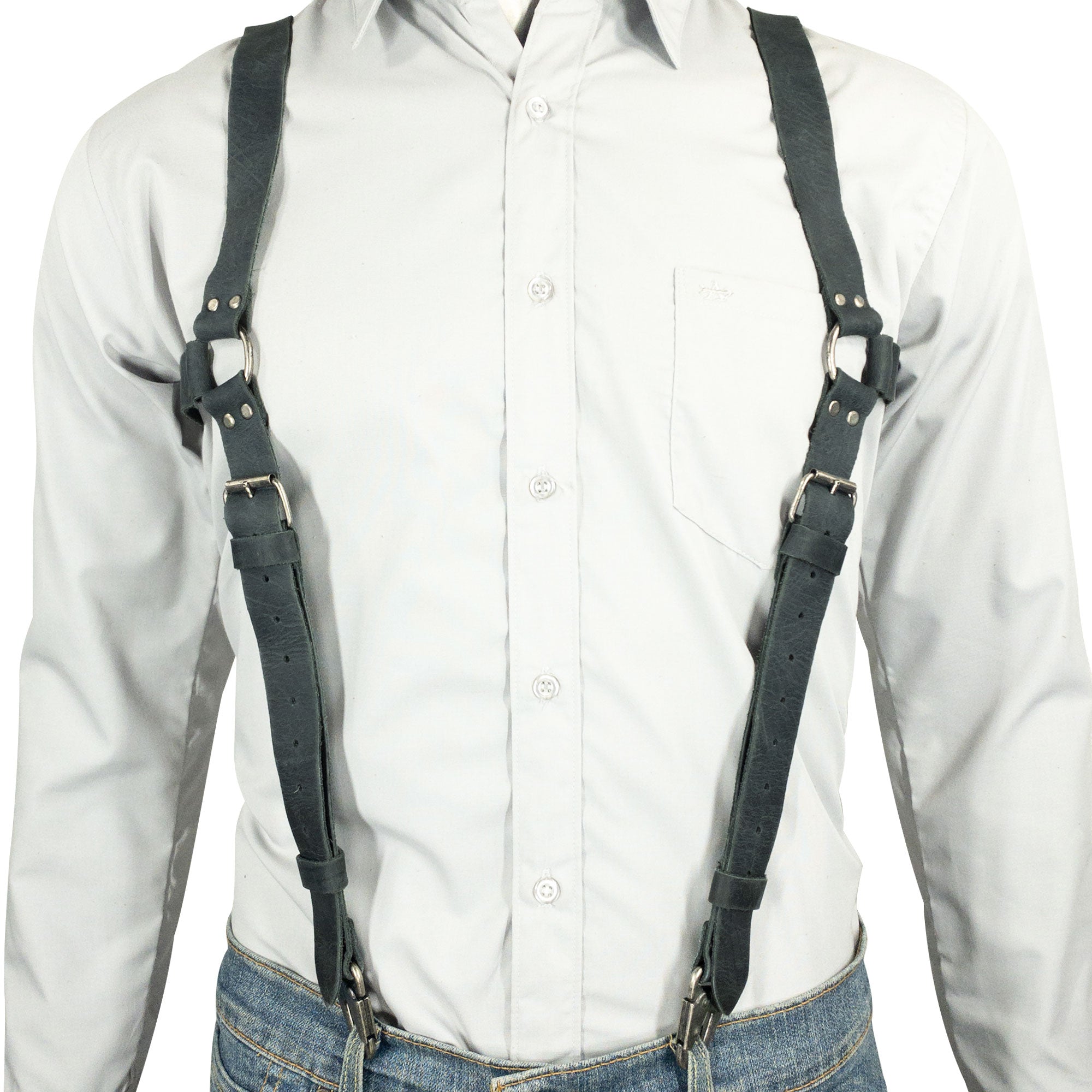 Model wearing dark leather Vintage Renaissance Suspenders by Hide & Groom, showcasing handmade craftsmanship with metal hooks and back support design for a vintage men’s style.
