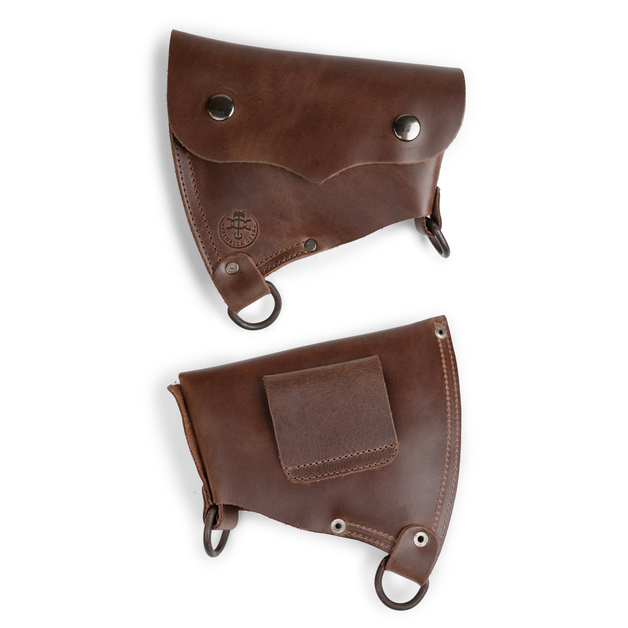 Both sides of the Axe Head Sheath with Shoulder Strap by Valhalla Gear, featuring its unique design and heavy-duty rivets. Made from durable full grain leather, this handmade accessory promotes home improvement and provides a practical solution for tool carry while being artisan-crafted in La Antigua Guatemala.