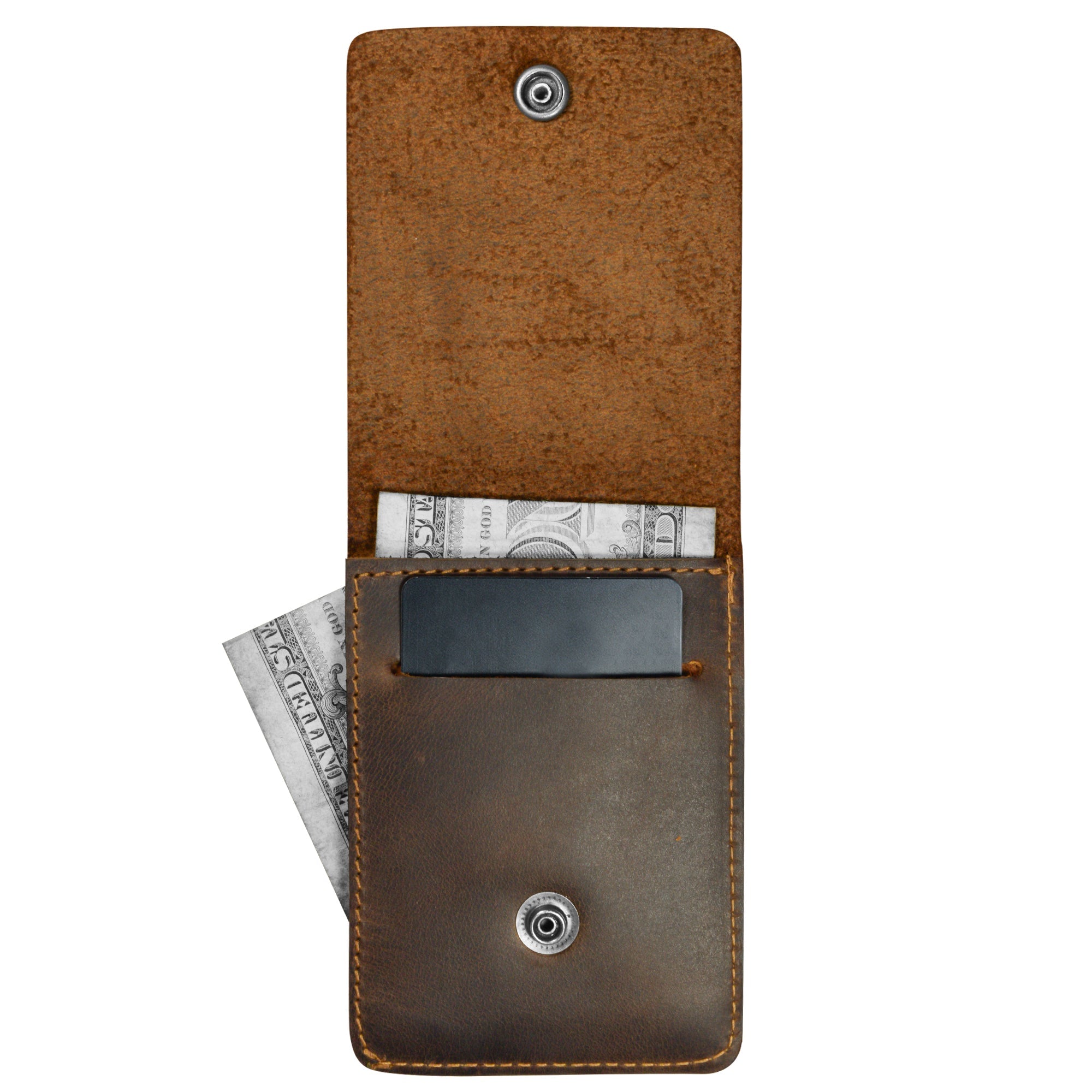 Opened Vertical Wallet by Hide & Drink, ideal for storing cash and cards, this Vertical Front Pocket Wallet with Card Slot ensures compact storage for bills and is designed as a card holder with durable full grain leather. It reflects craftsmanship from small batch production, hand cut, and hand sewn, fire branded by artisans in La Antigua Guatemala & Oaxaca Mexico.