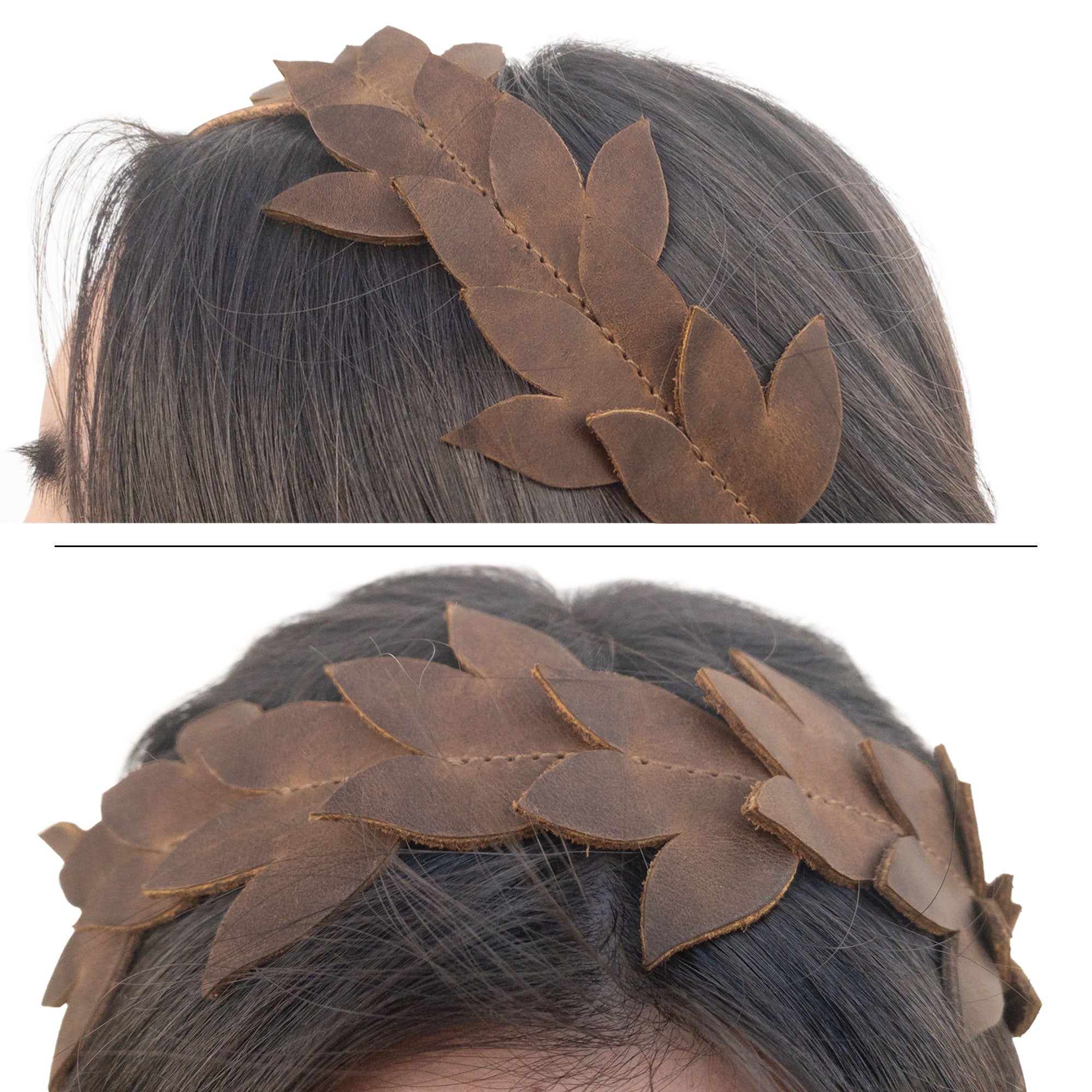 Styled image of a Flowered Headband by Heather's, demonstrating its rustic appeal and full grain leather construction. This flower crown is a chic hair accessory for women, ideal as a forehead diadem. Made with care through small batch production, it highlights the artisan skills found in La Antigua Guatemala and Oaxaca Mexico.