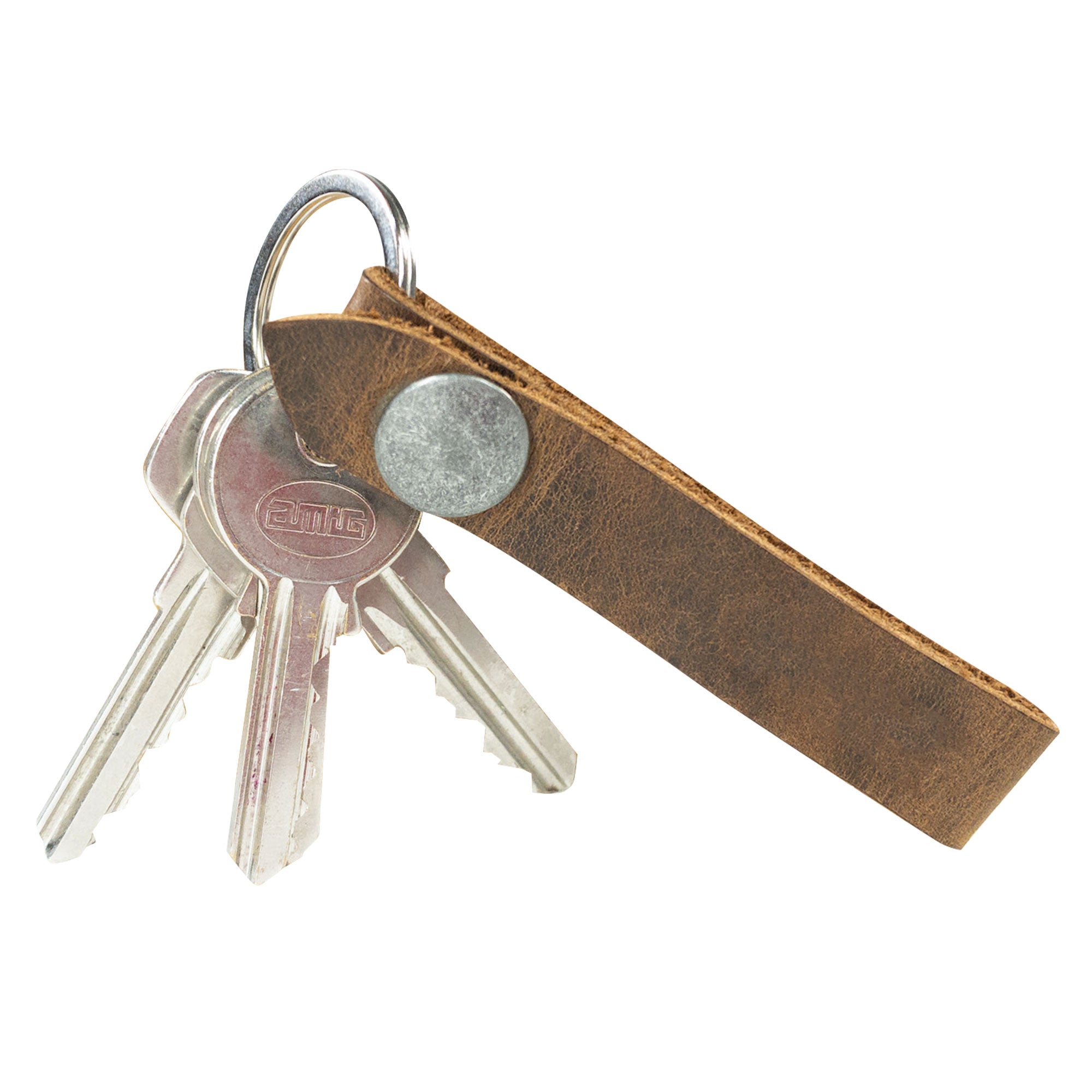 Hide & Drink Loop Keychain showcasing a slim strap for keys, made from durable full grain leather. This rustic keychain with belt loop is handcrafted by artisans in La Antigua Guatemala & Oaxaca Mexico, merging functionality and style in a small batch production.