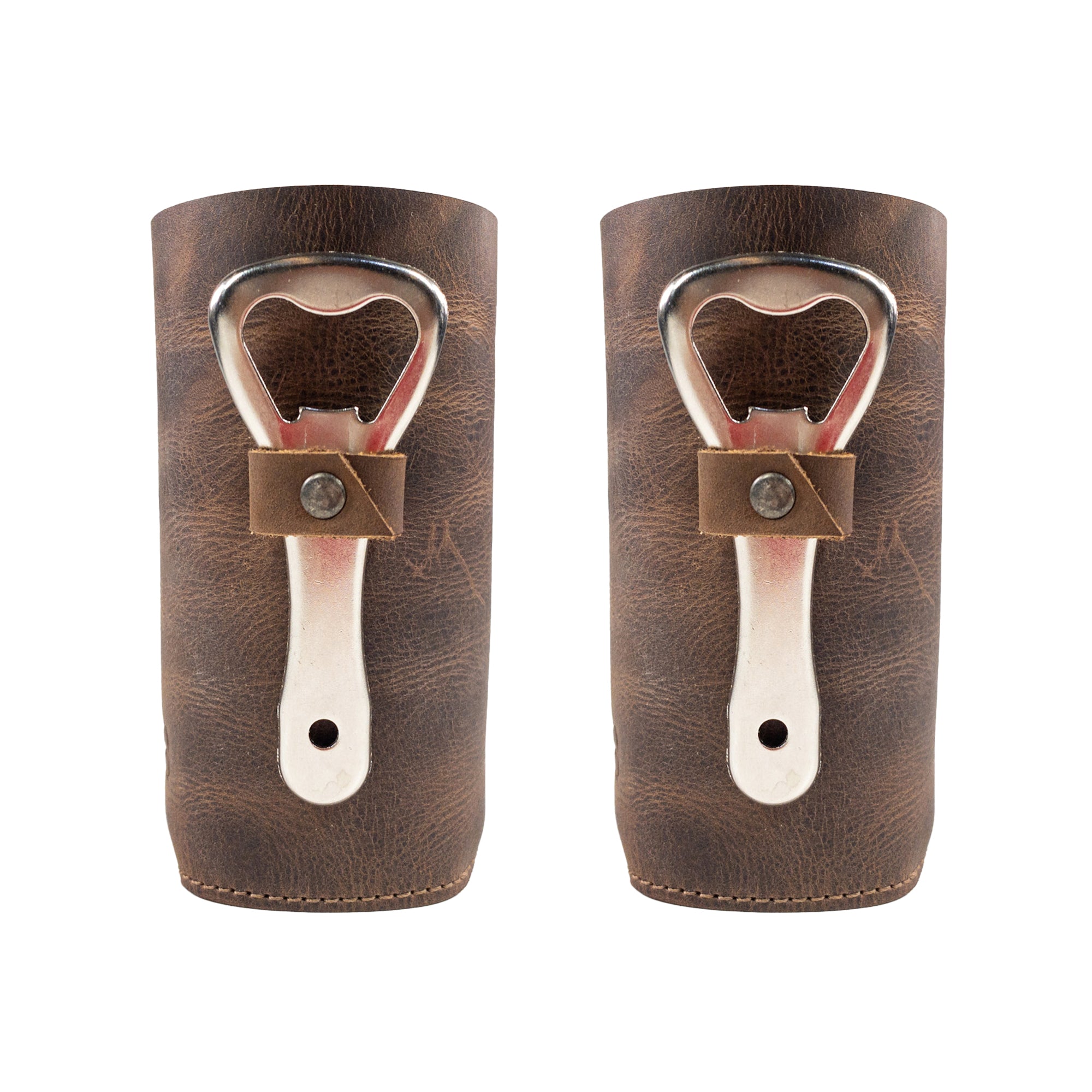 Detailed view of Hide & Groom Beer Bottle Sleeve Set of 2 highlighting the bottle opener slot, crafted from durable full grain leather. Perfect rustic covers for standard bottles, these artisan accessories are handmade in La Antigua Guatemala.
