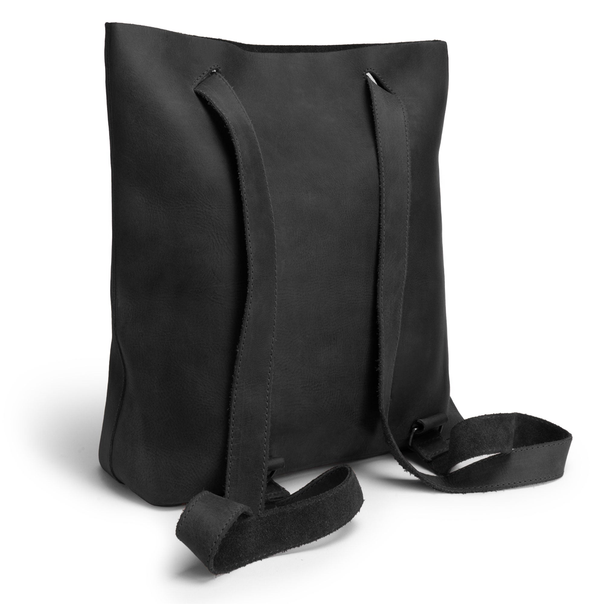 Back view of Heather's Convertible Backpack to Shoulder Bag in black, highlighting its sturdy straps and sleek design. This versatile, spacious crossbody for women is made from high-quality Full Grain Leather, showcasing small batch production by artisans from La Antigua Guatemala & Oaxaca Mexico.