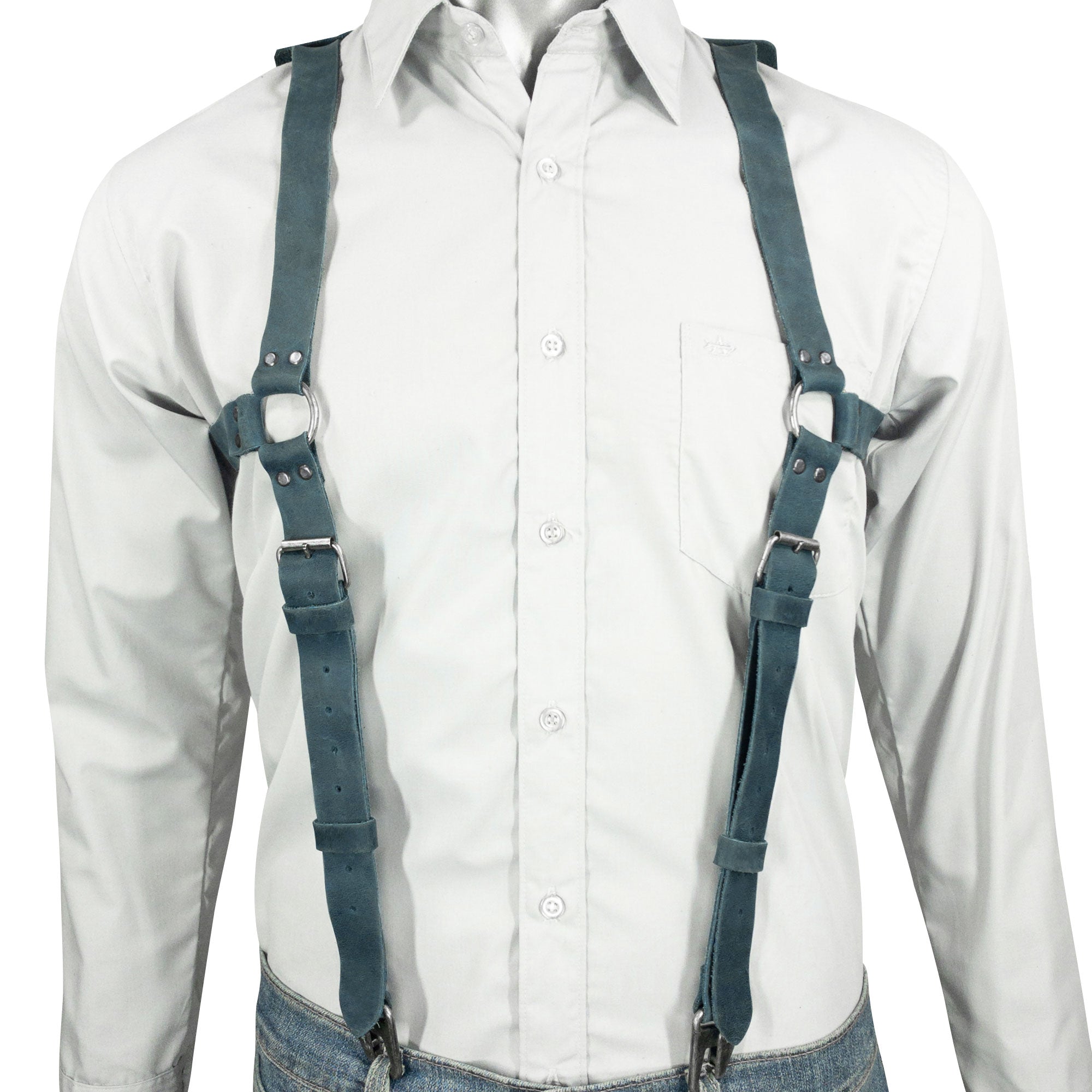 Model wearing dusty blue Renaissance Suspenders by Hide & Drink, highlighting their elegant design. This back support harness for men is ideal for best men and artisan crafted.
