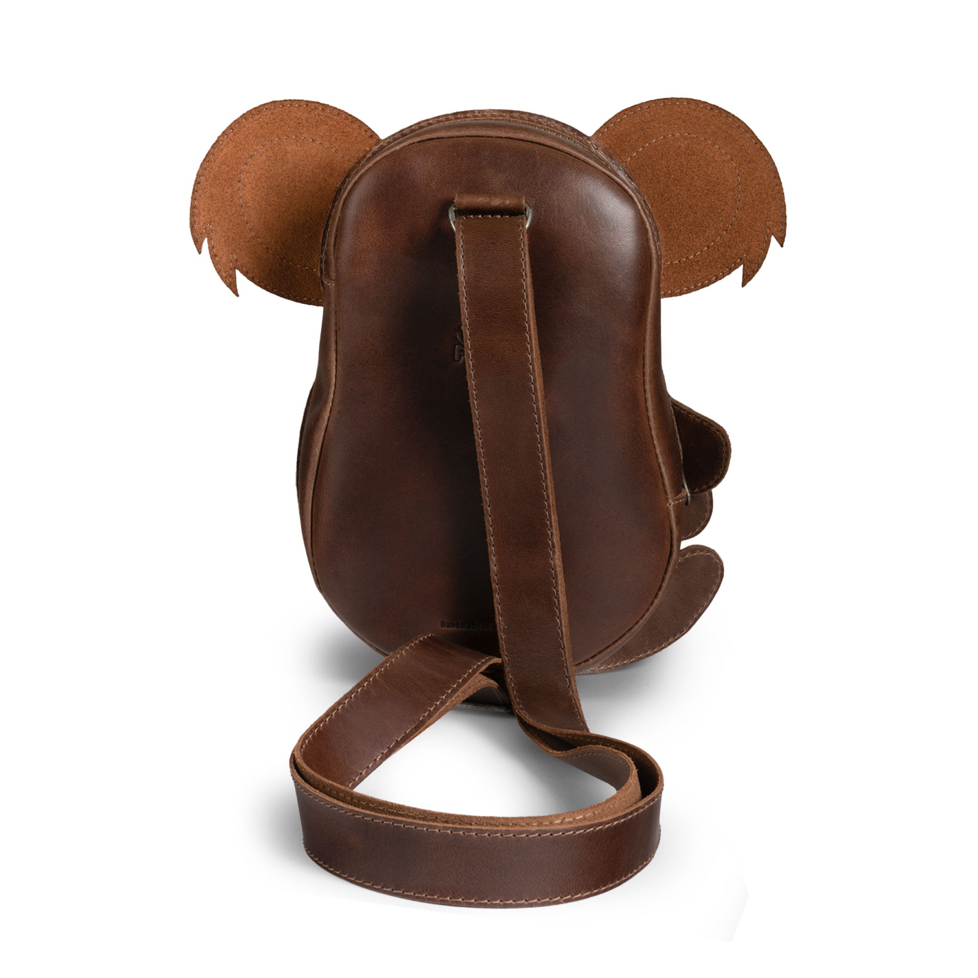 Back view of the Tudi Frudi Leather Koala Crossbody Bag, featuring a unique koala design and adjustable shoulder strap. This handmade bag is perfect for use as a messenger bag or shoulder bag, showcasing excellent craftsmanship in full grain leather from La Antigua Guatemala and Oaxaca Mexico.