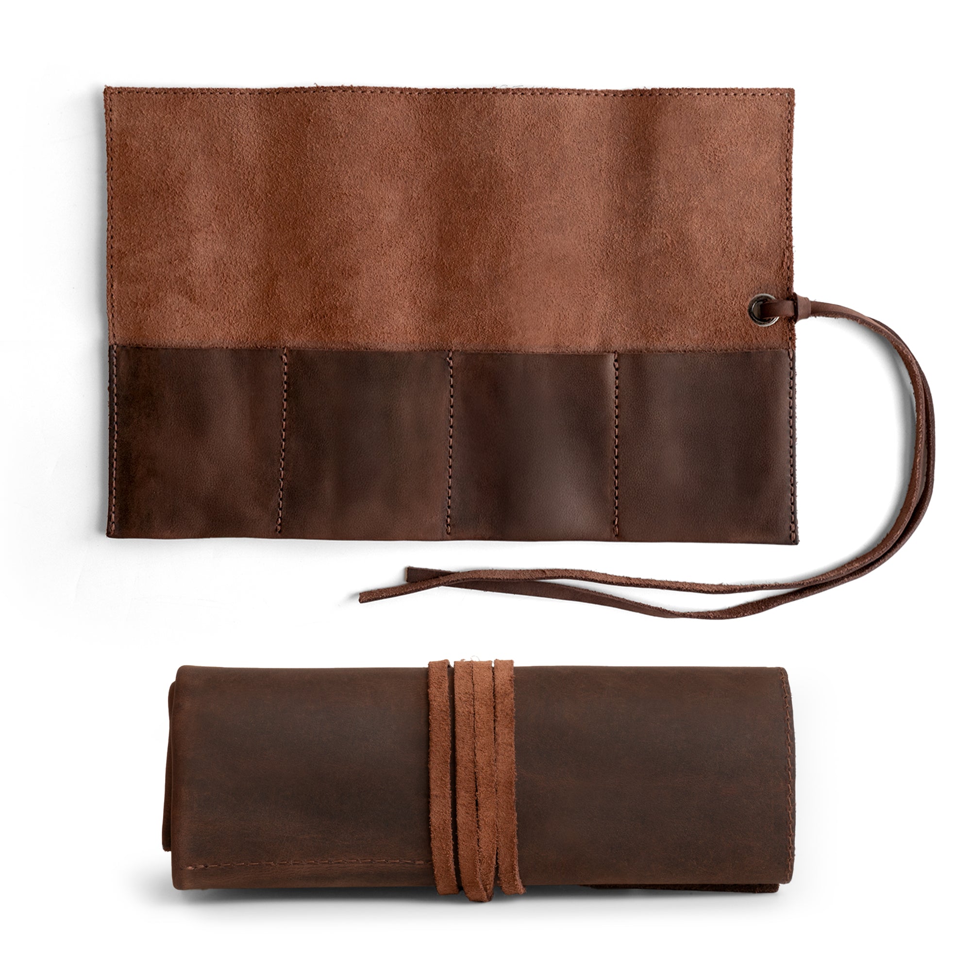 Elegant brown Watch Roll by Hide & Drink, designed to organize up to 4 watches. This easy carry Watch Roll Organizer is crafted from full grain leather, showcasing the quality of small batch production, hand cut, and hand sewn details, fire branded and artisan-made in La Antigua Guatemala & Oaxaca Mexico.