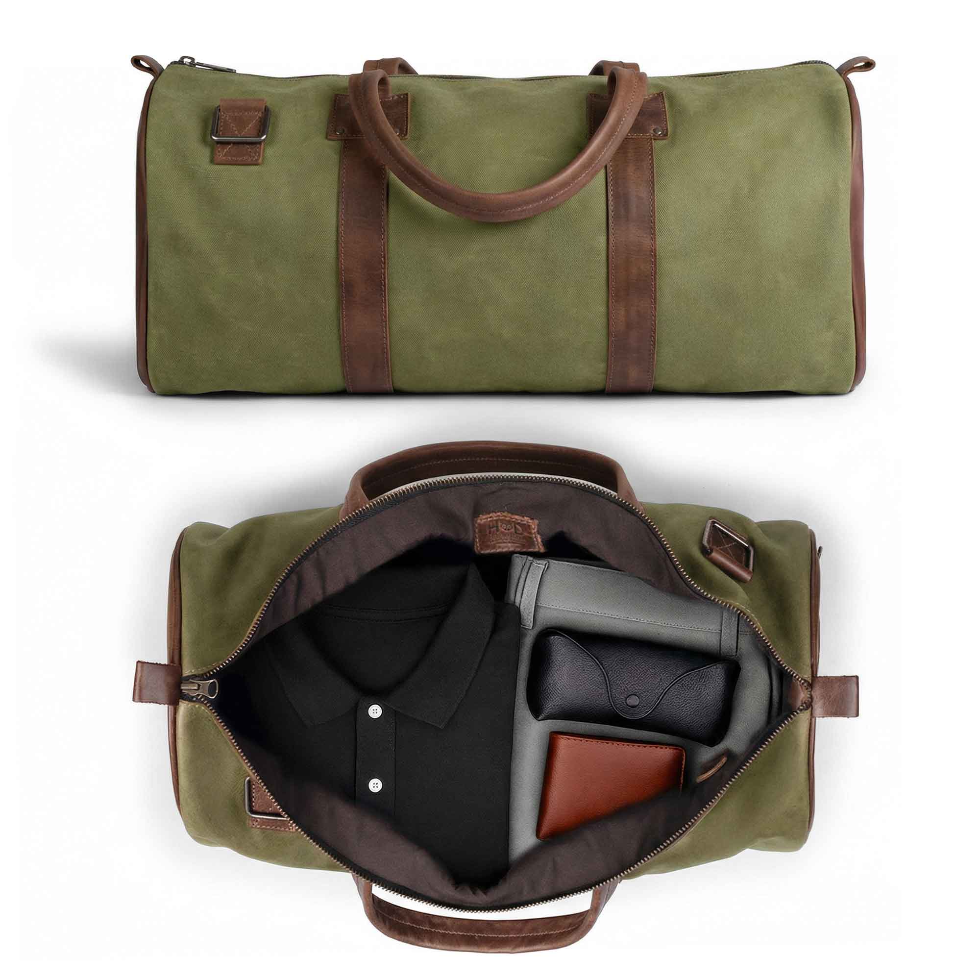 Classic Duffle Bag by Hide & Drink in green fabric, featuring a Full Grain Leather bottom, adjustable strap, and zipper closure. A perfect Messenger Bag for travel needs, this stylish crossbody bag is crafted by artisans in La Antigua Guatemala & Oaxaca Mexico.