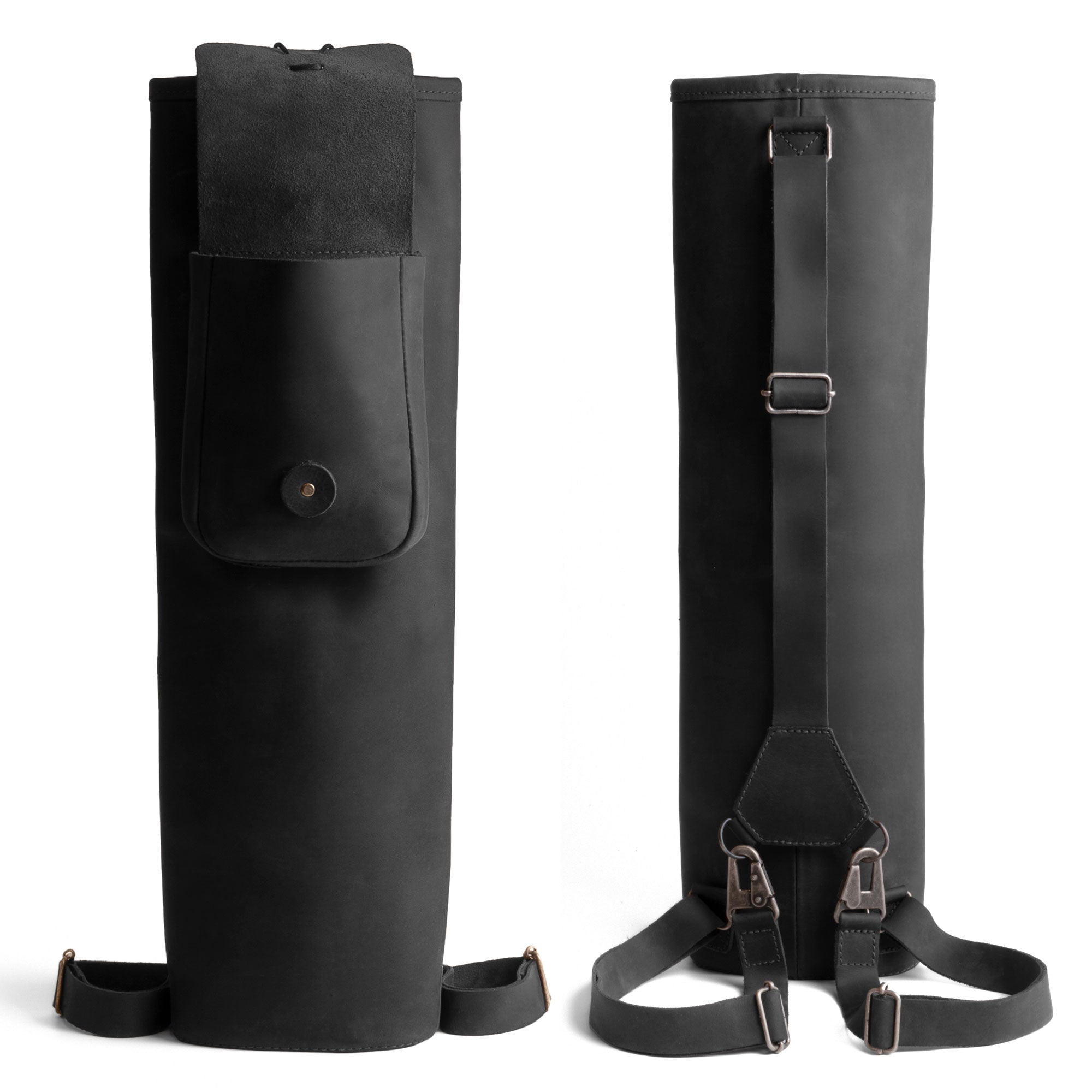 Stylish black Premium Back Quiver by Valhalla Gear, showcasing a Rectangular Back Quiver with Adjustable Straps. This Handmade Arrow Quiver Holder for Arrows is perfect for activities in Archery Sports and Bow Hunting. Crafted from Full Grain Leather, it reflects the art of Small Batch Production, Hand Cut, and Hand Sewn craftsmanship.