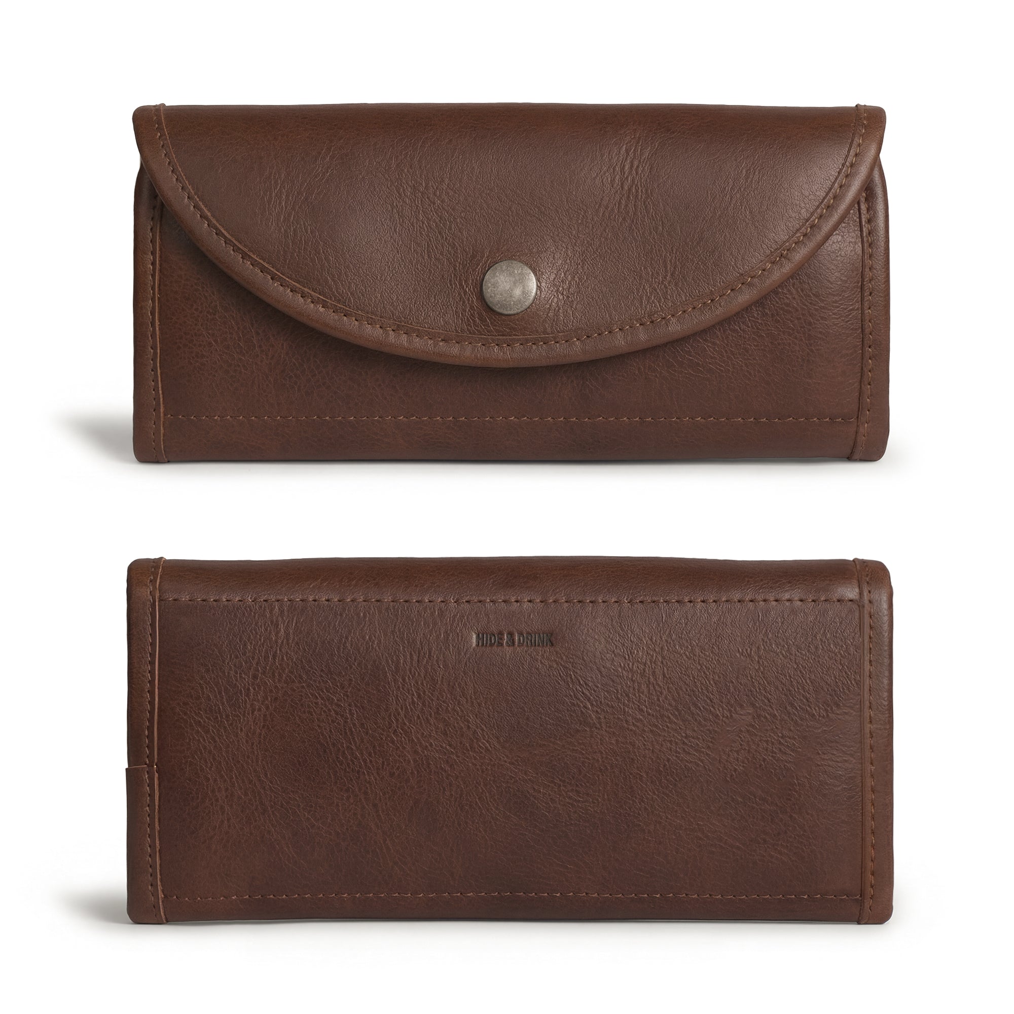 Exterior of the Single Snap Zippered Wallet by Hide & Drink, highlighting its rustic full grain leather design. This Snap Clutch Wallet for Women serves as a stylish money holder and card organizer with a zippered pouch, crafted in small batches and handmade in La Antigua Guatemala.