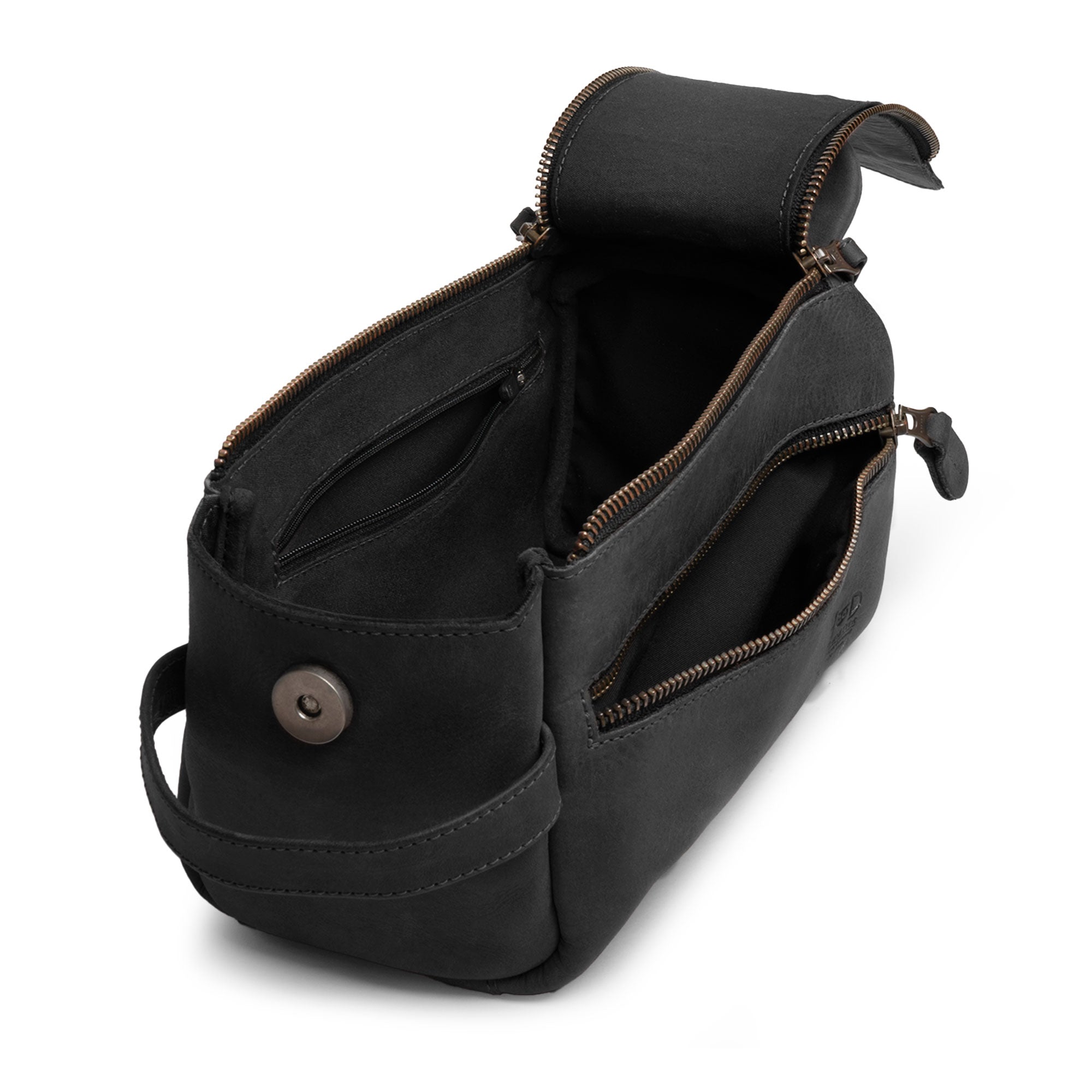 Open view of the black Hide & Drink Toiletry Bag, displaying its spacious interior. This Full Grain Leather Toiletry Bag works as both a Hand Bag and a Dopp Kit Organizer for grooming supplies. StockyardX, Handmade, S.