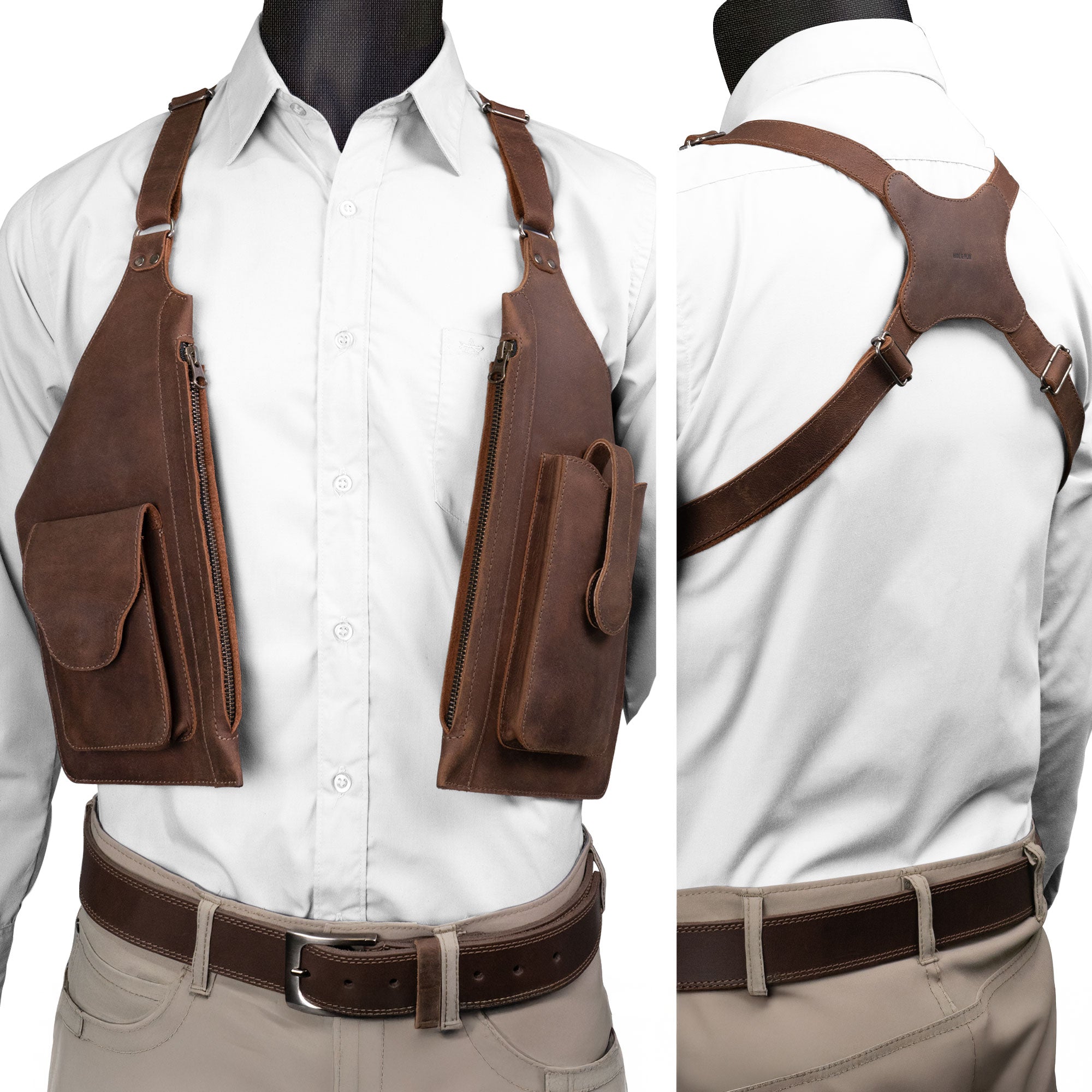 The Zippered Shoulder Holster by Hide & Play is modeled on a mannequin, displaying its adjustable harness and stylish zippered-bags. This vintage shoulder holster combines utility with aesthetic appeal, ideal for steampunk style and costume parties, while being handcrafted from premium full grain leather in La Antigua Guatemala & Oaxaca Mexico.