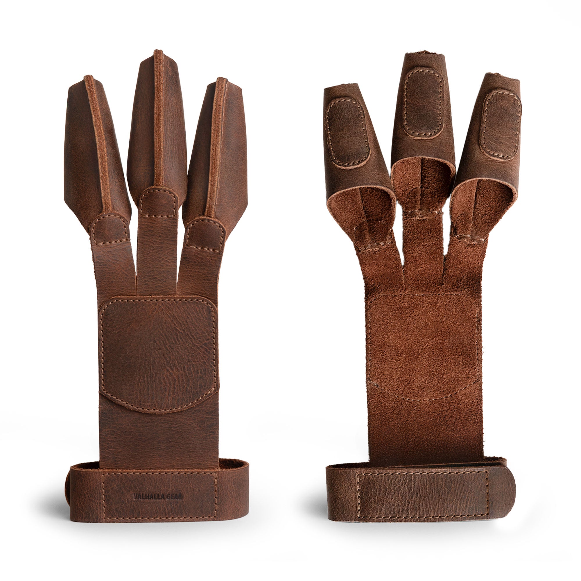 Valhalla Gear Rustic Three-Finger Archery Shooting Glove displayed upright, showcasing its durable full grain leather design, ideal for archers, featuring tags like Hand Guard and Finger Protector. Perfect for recurve bow enthusiasts and cosplay enthusiasts, this handmade glove is artisan crafted in La Antigua Guatemala.