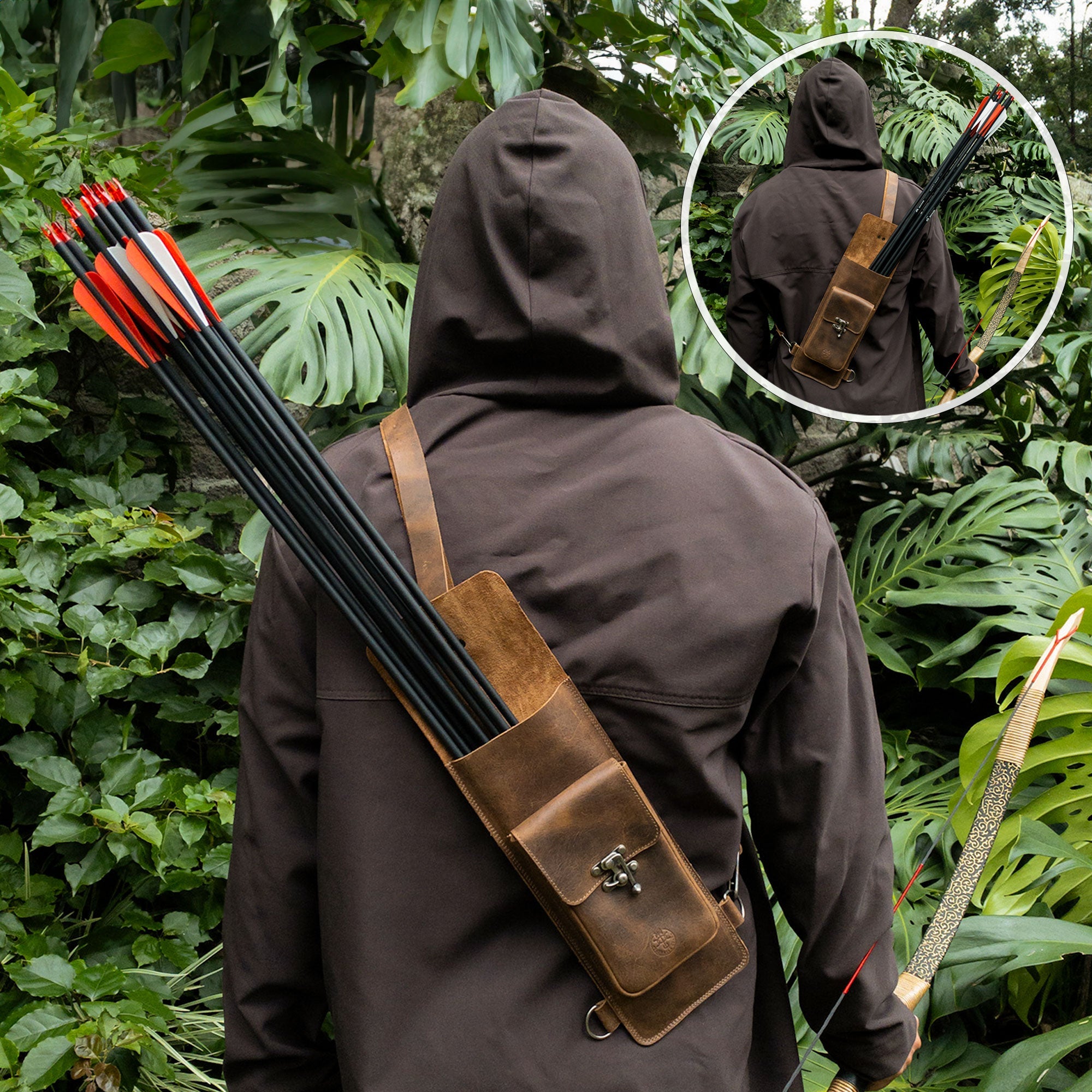 A person wearing the Rectangular Archery Back Arrow Holder from Valhalla Gear, highlighting its practical design as a vintage quiver for shooting practice made from durable full grain leather, handcrafted in La Antigua Guatemala.