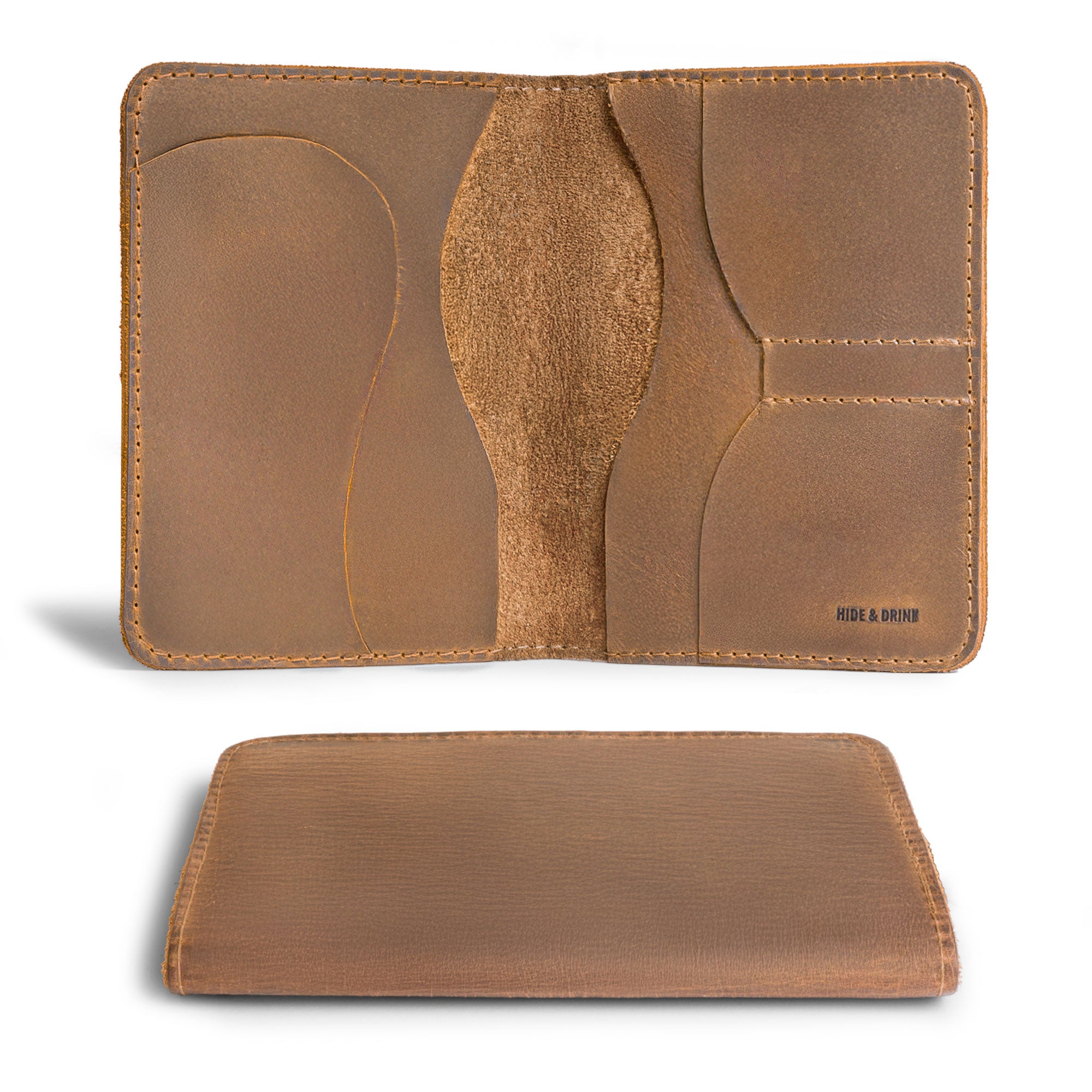 Another view of the tan Hide & Drink Double Passport Wallet W/Key Slot, displaying the well-structured slots and the quality of full grain leather, handcrafted with care by local artisans.