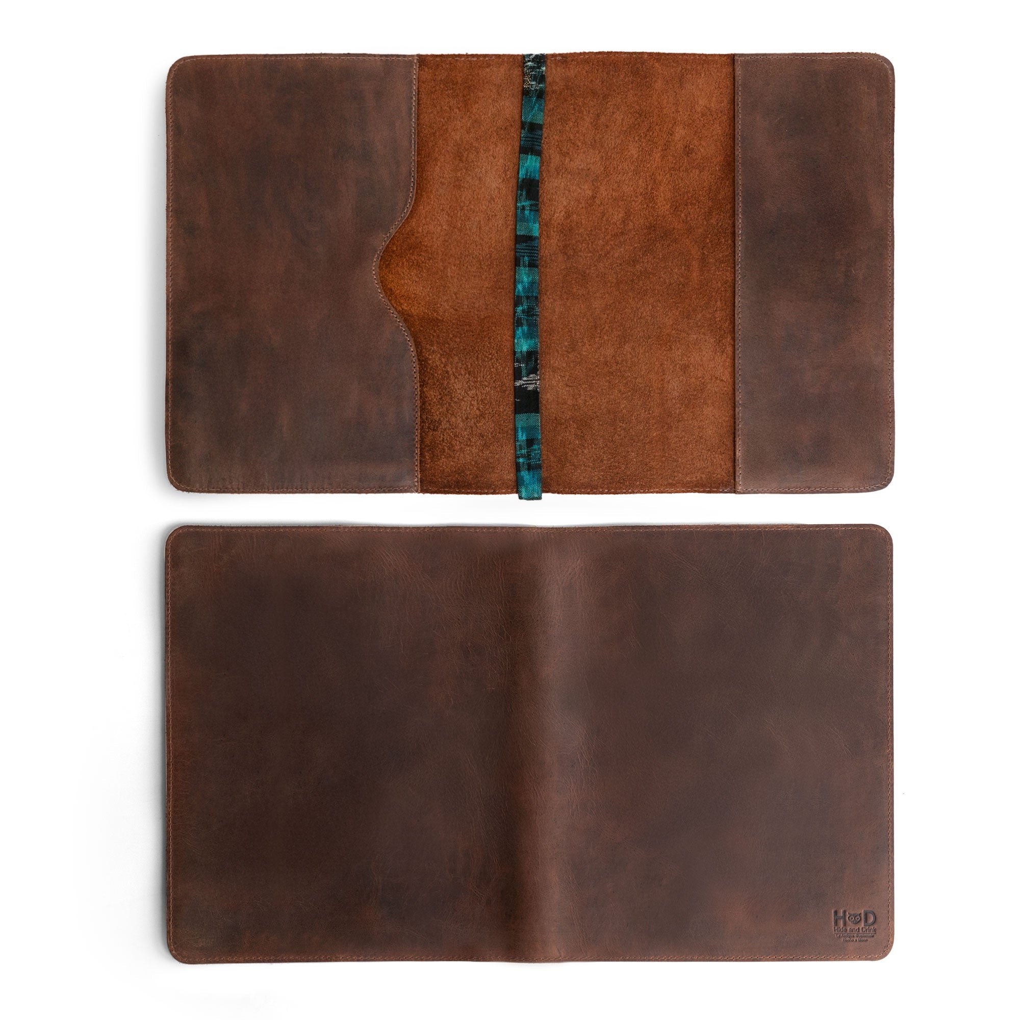 Inside layout of the Journal Cover for (8.5 x 11 in.) Moleskine Cahier XXL from Hide & Drink. Elegant full grain leather offers a perfect fit and protection for your journal, ideal for those who appreciate handcrafted quality, small batch production, and artisan design, made in La Antigua Guatemala & Oaxaca Mexico.