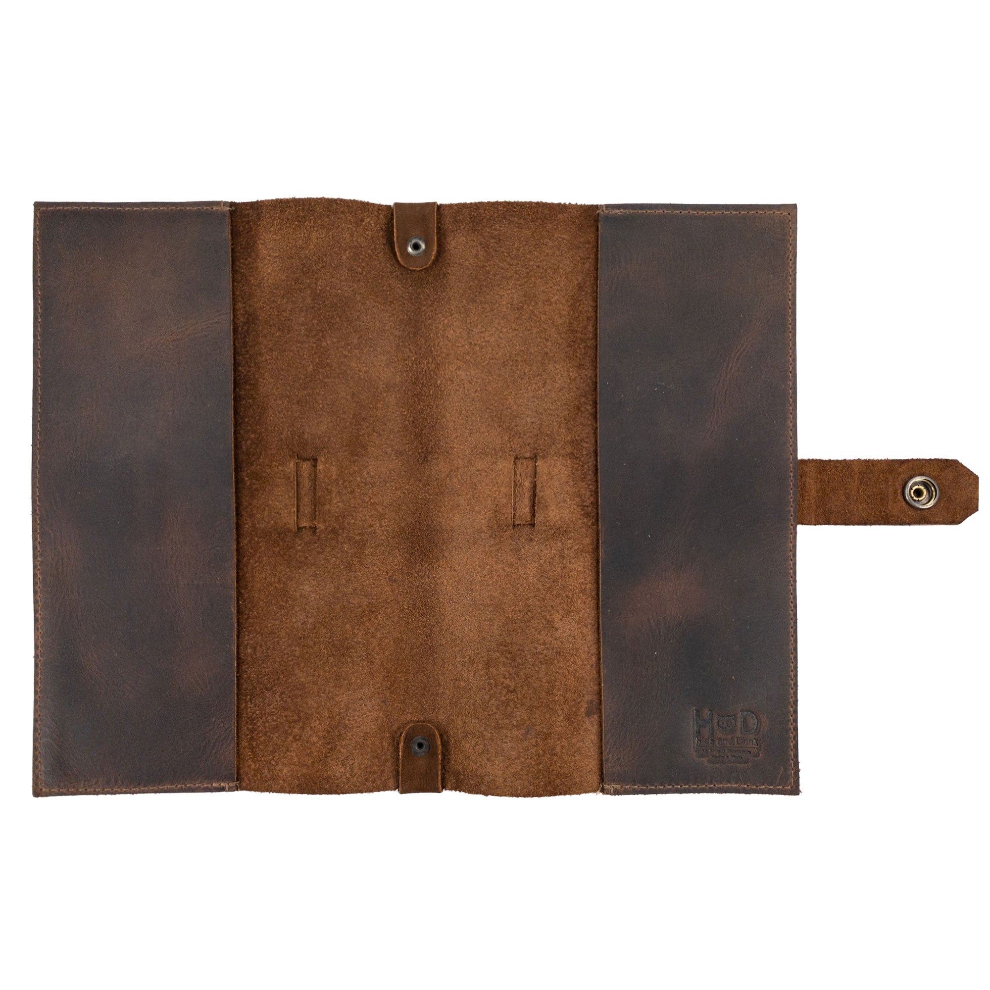 Interior view of Hide & Drink's Riveted Field Note Cover for Moleskine (5 x 8.25 in.) Notebook NOT Included, highlighting the lush, full grain leather finish. This handcrafted notebook cover ensures durability while maintaining an artisan design, made in La Antigua Guatemala & Oaxaca, Mexico.