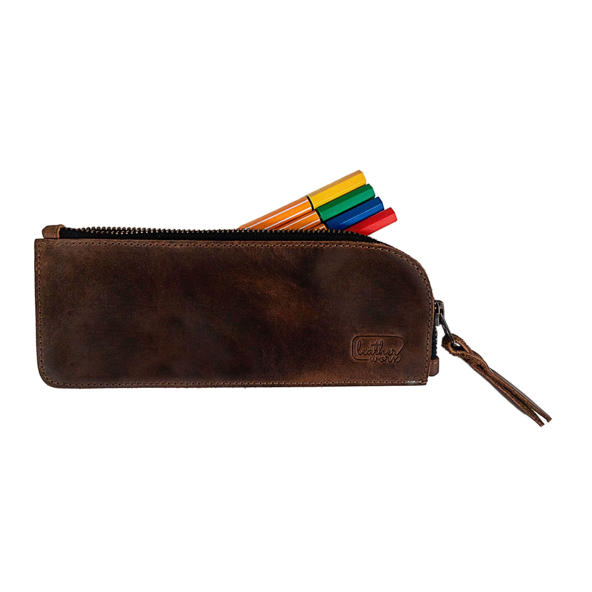 Flat Pen Case by Leather Worx filled with colorful markers, demonstrating its versatility as a flat pencil pouch; an ideal zippered bag for work and artists' accessories. Crafted from full grain leather, this handmade item reflects small batch production in La Antigua Guatemala & Oaxaca Mexico.
