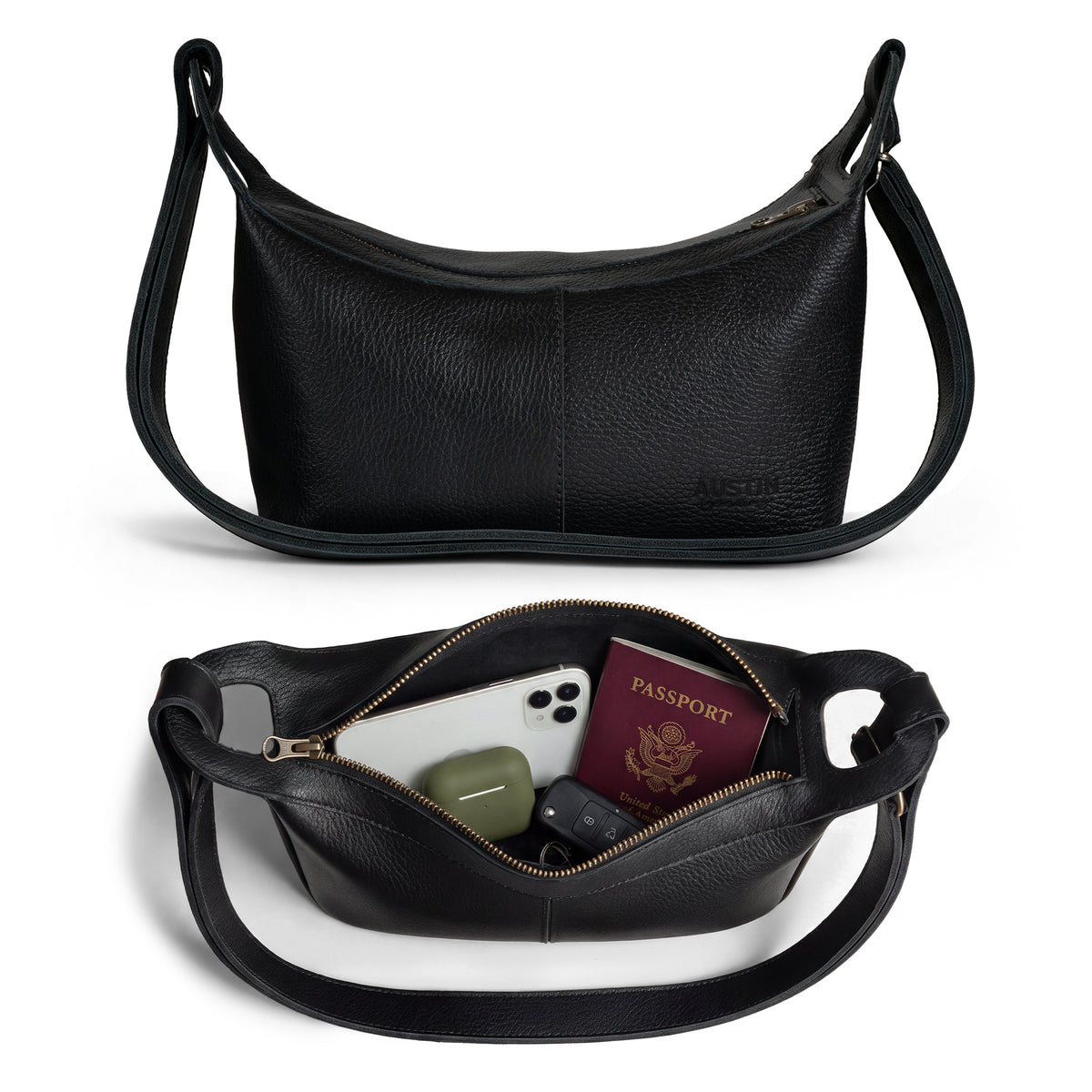 Austin Genuine The Mueller Hobo Shoulder Bag shown from the front with its open interior and long shoulder strap, crafted from Full Grain Leather by StockyardX through Small Batch Production using Hand Cut, Hand Sewn, Fire Branded Artisan methods, Handmade in La Antigua Guatemala & Oaxaca Mexico.