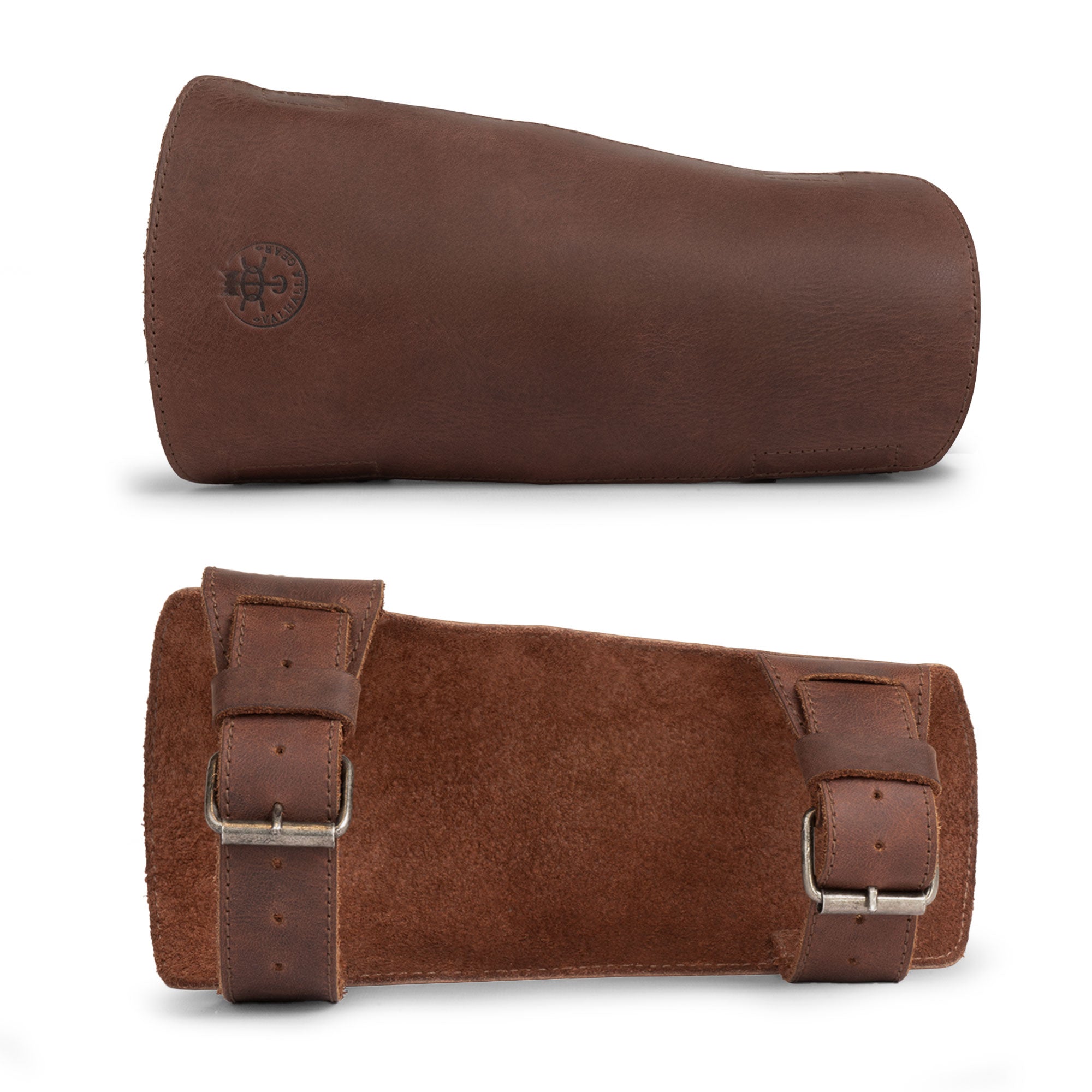 Valhalla Gear Archery Arm Guard displayed upright, highlighting the high-quality full grain leather and adjustable straps. Ideal for archers looking for a reliable forearm protector for shooting practice or LARPing, this handmade accessory embodies artisan skill, combining traditional craftsmanship with modern design.