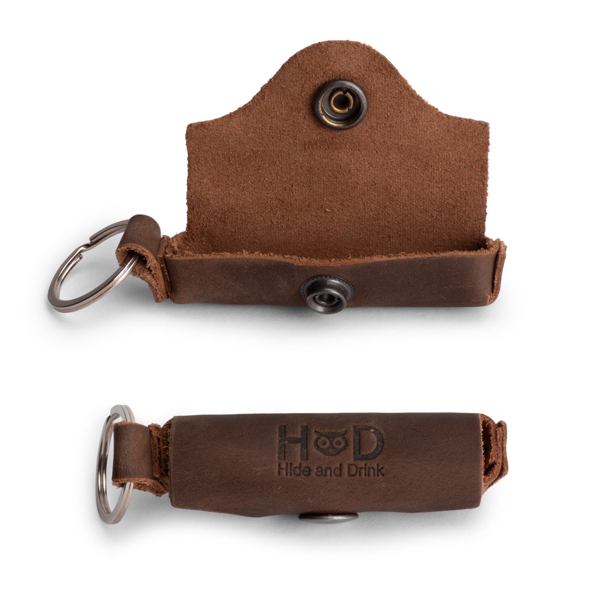 Elegant Lip Balm Key Chain from Hide & Drink with a branded leather design, perfect for storing lip balm securely. Features a brass metal clasp and handcrafted details from La Antigua Guatemala.