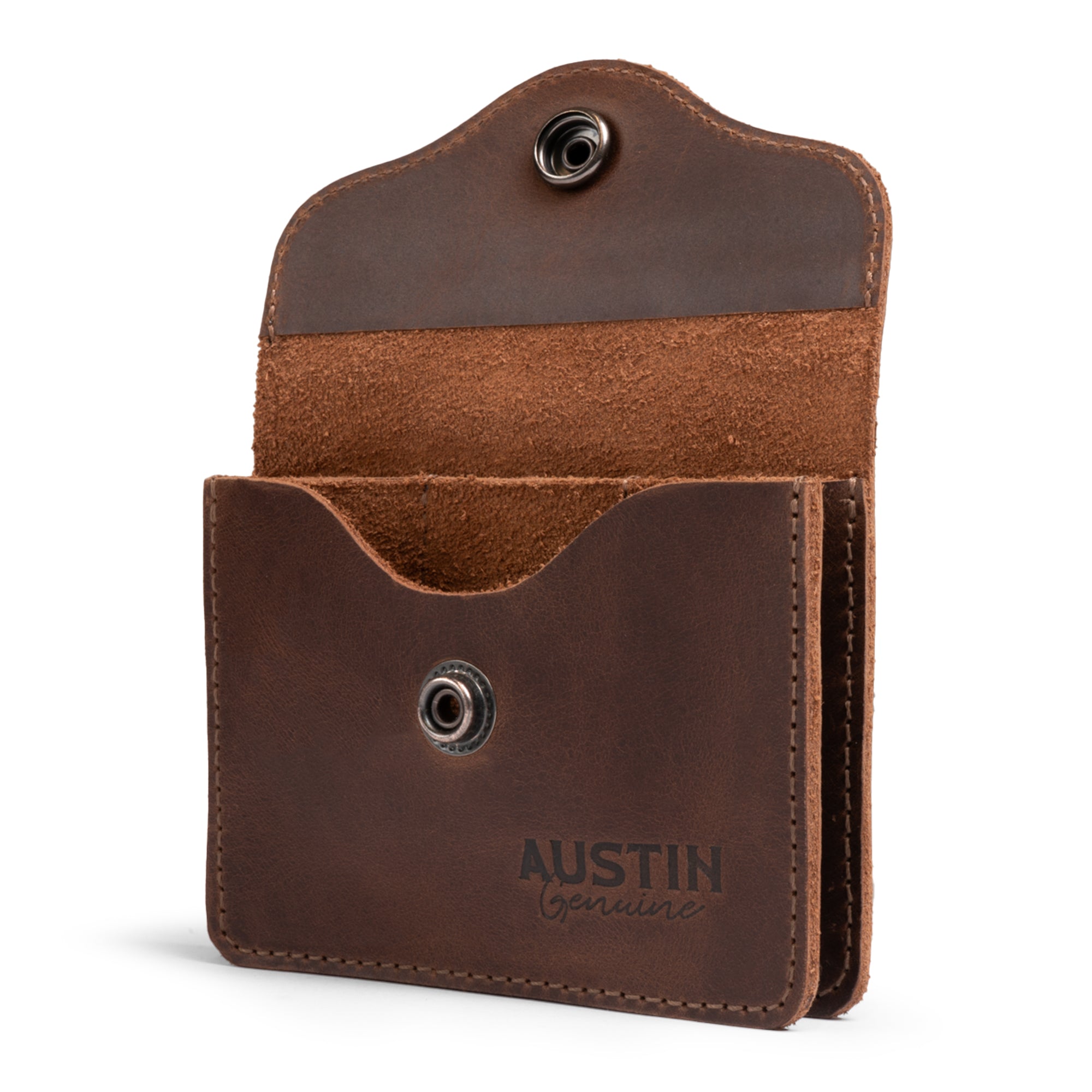 An open view of The Hyde Card Wallet highlighting its functional design and full grain leather material, emphasizing the mastery of hand cut and hand sewn techniques by Austin Genuine artisans.
