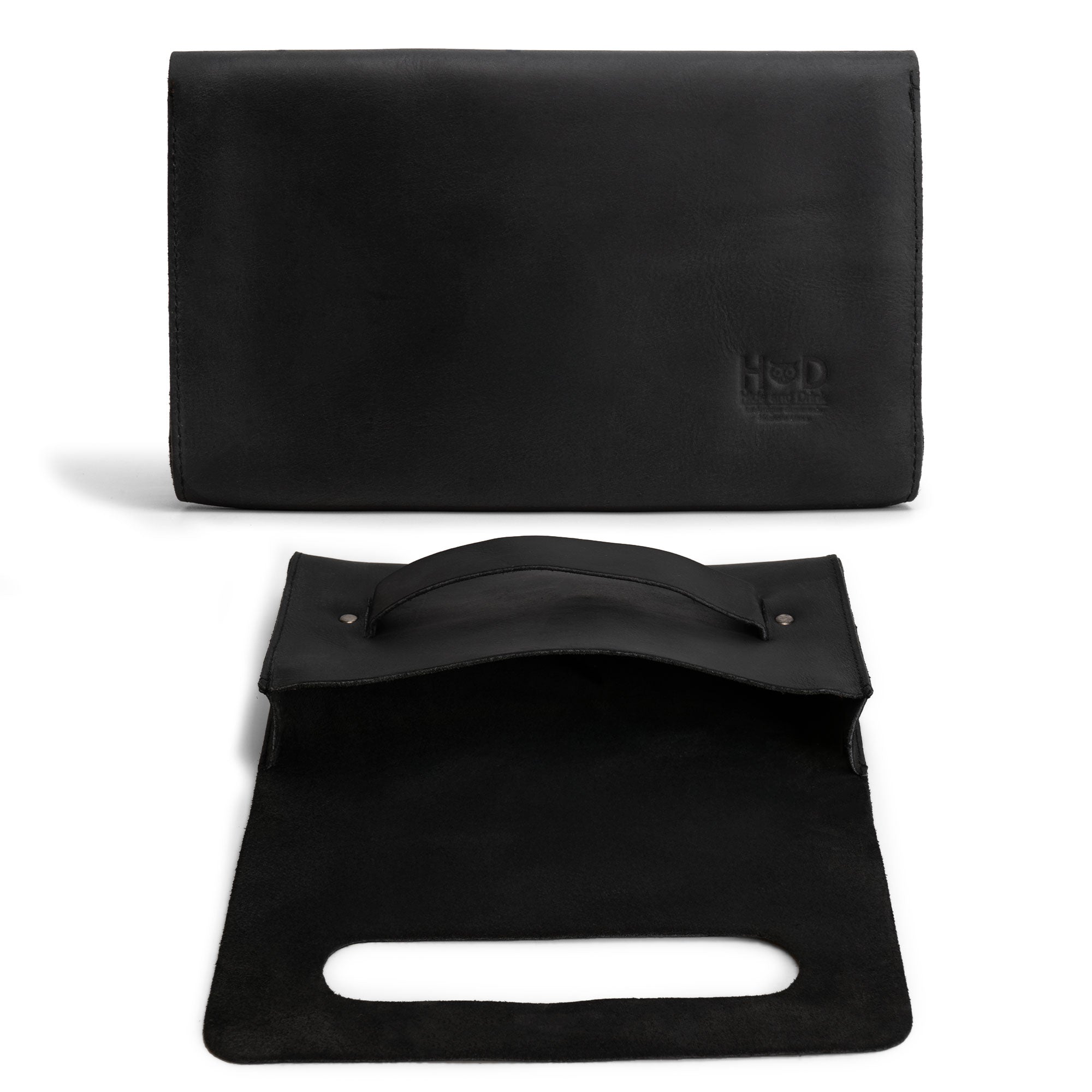 Open view of a black Clutch Bag With Handle from Hide & Drink, showing its spacious interior. This Full Grain Leather Clutch Bag with Handle is a stylish choice for women, crafted by skilled artisans in Guatemala and Mexico.