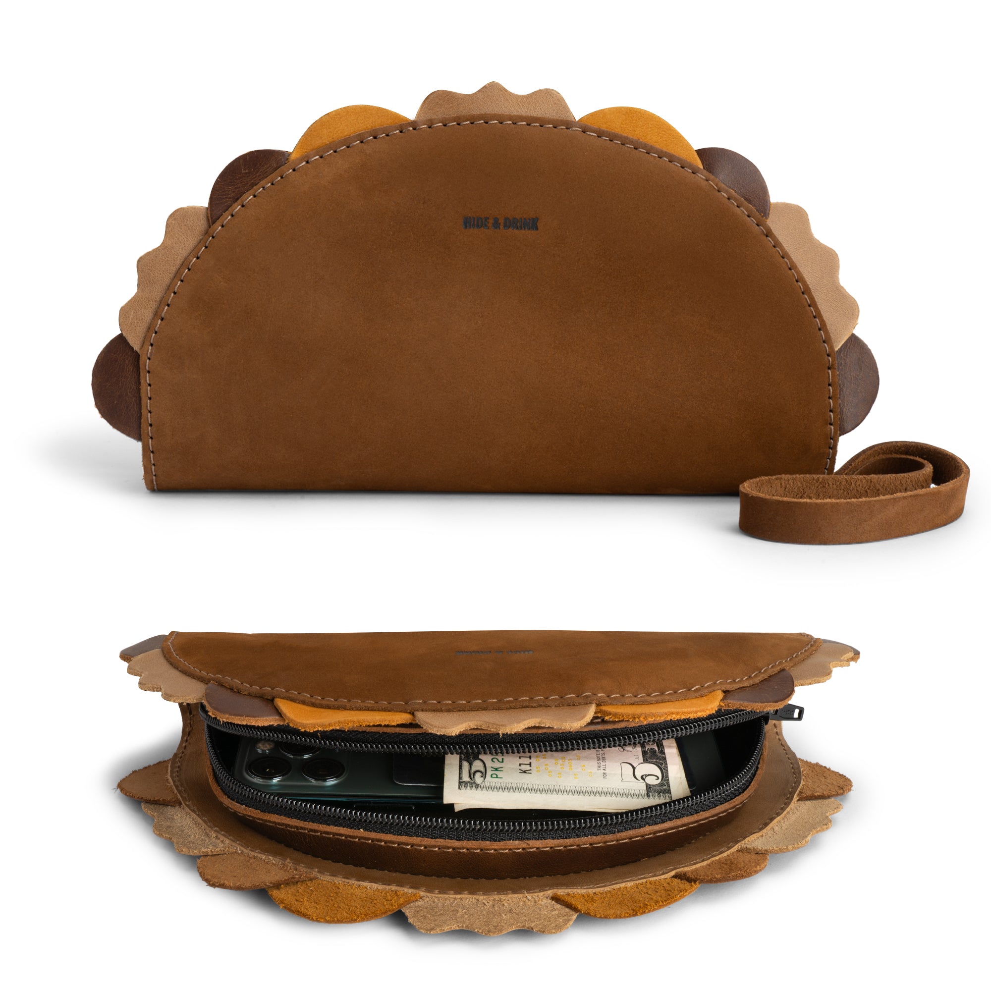 An inside view of the Multipurpose Taco Wallet by Hide & Drink, demonstrating ample space and Full Grain Leather construction. This delightful accessory is perfect for travel, back-to-school, and stands out as an excellent gift for graduation or gifts for him. A unique item in your wallets and women's collection, it adds charm to your accessories collection.