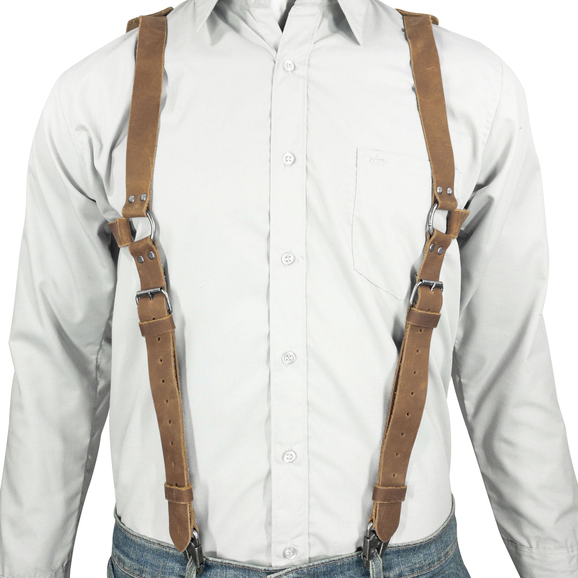 Model wearing tan Renaissance Suspenders by Hide & Drink, showcasing their comfortable fit. These suspenders act as a back support harness for men, ideal for best men and crafted with high-quality materials.