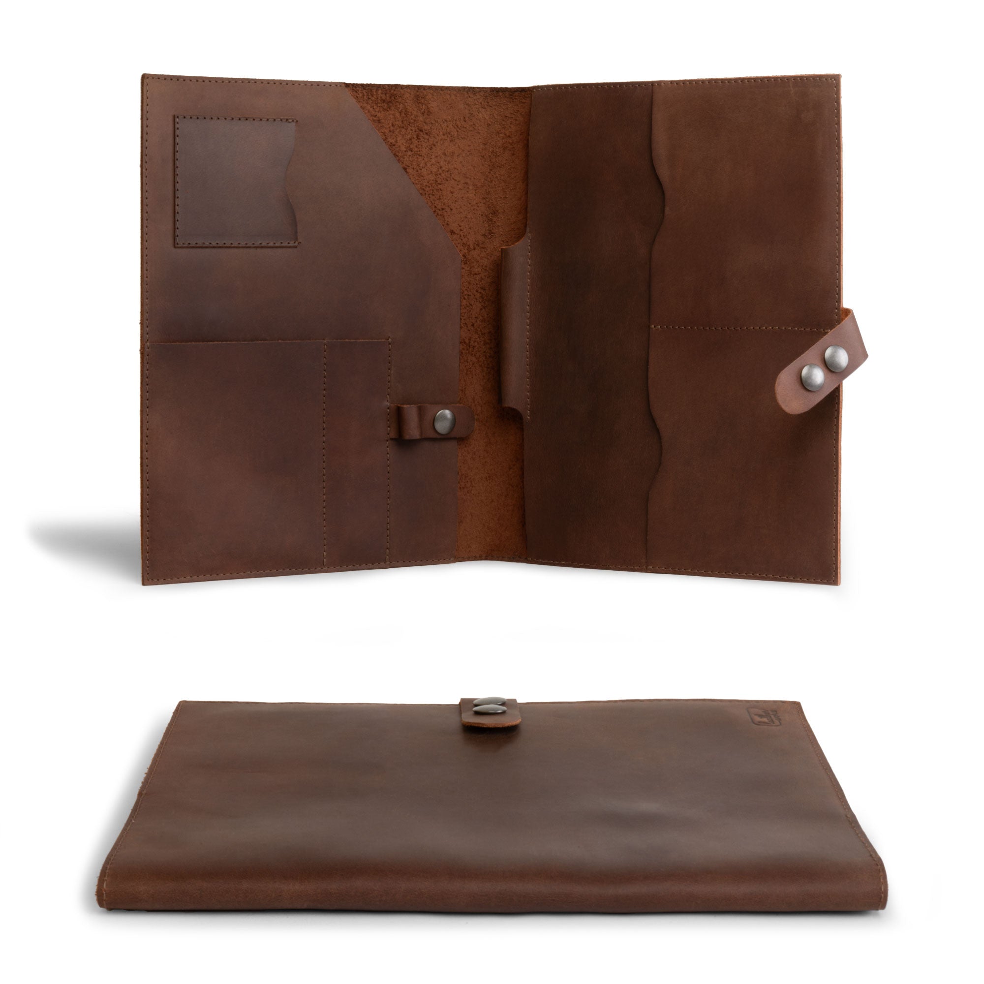 Inside layout of the Leather Tablet Padfolio by Leather Worx, highlighting its practical slots and compartments. This Executive Document Folder Holder is perfect for those looking for a Handmade Portfolio Binder that serves as a Professional Business Folio Organizer. Made from Full Grain Leather, it reflects the artisan craftsmanship of small batch production in La Antigua Guatemala & Oaxaca Mexico.