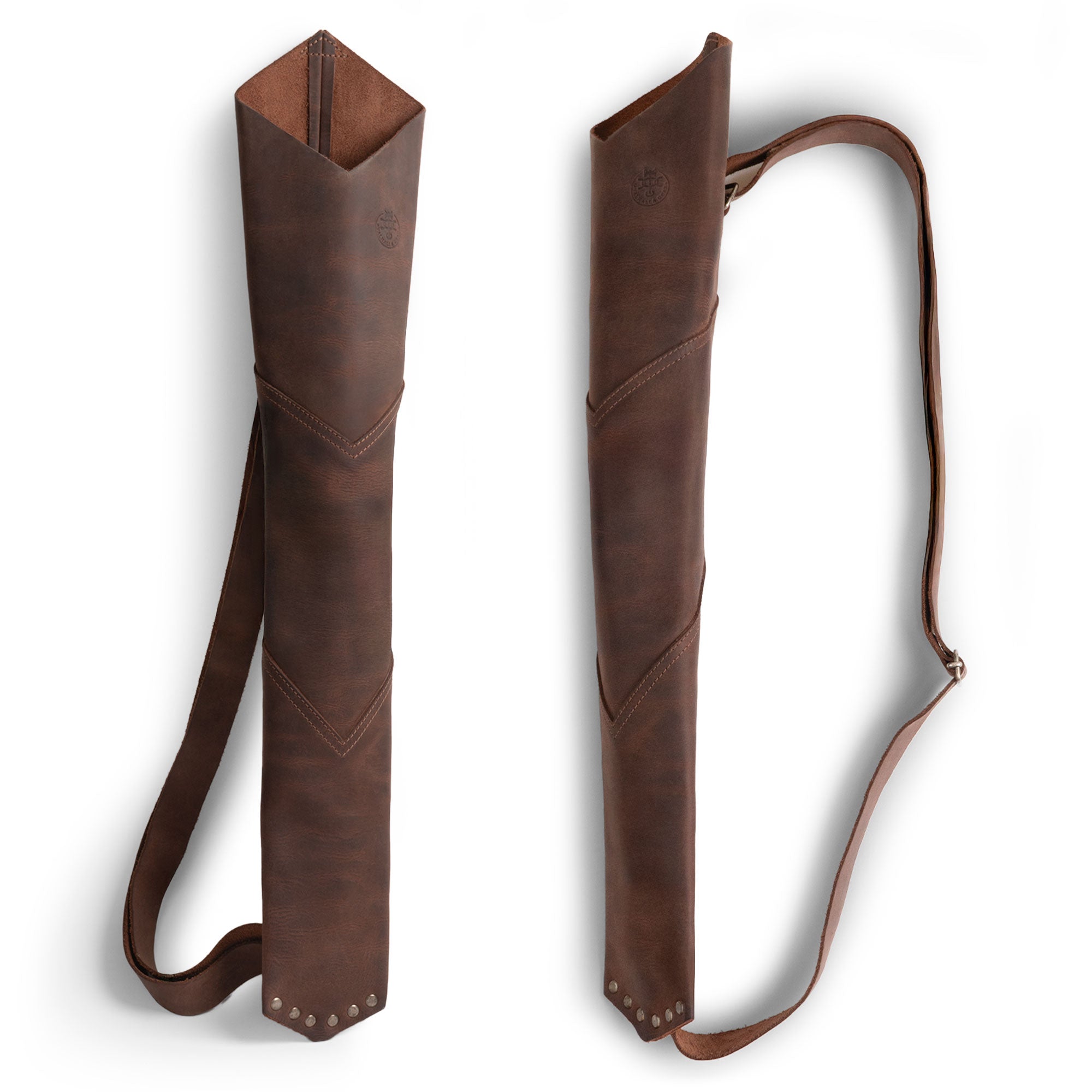 Valhalla Gear's Back Quiver, a stylish and functional full grain leather quiver ideal for archers. This back arrow archery quiver doubles as a vintage holder for shooting practice, handcrafted with care in small batches, ensuring quality. Features include hand cut and hand sewn details, making it a collectible piece.