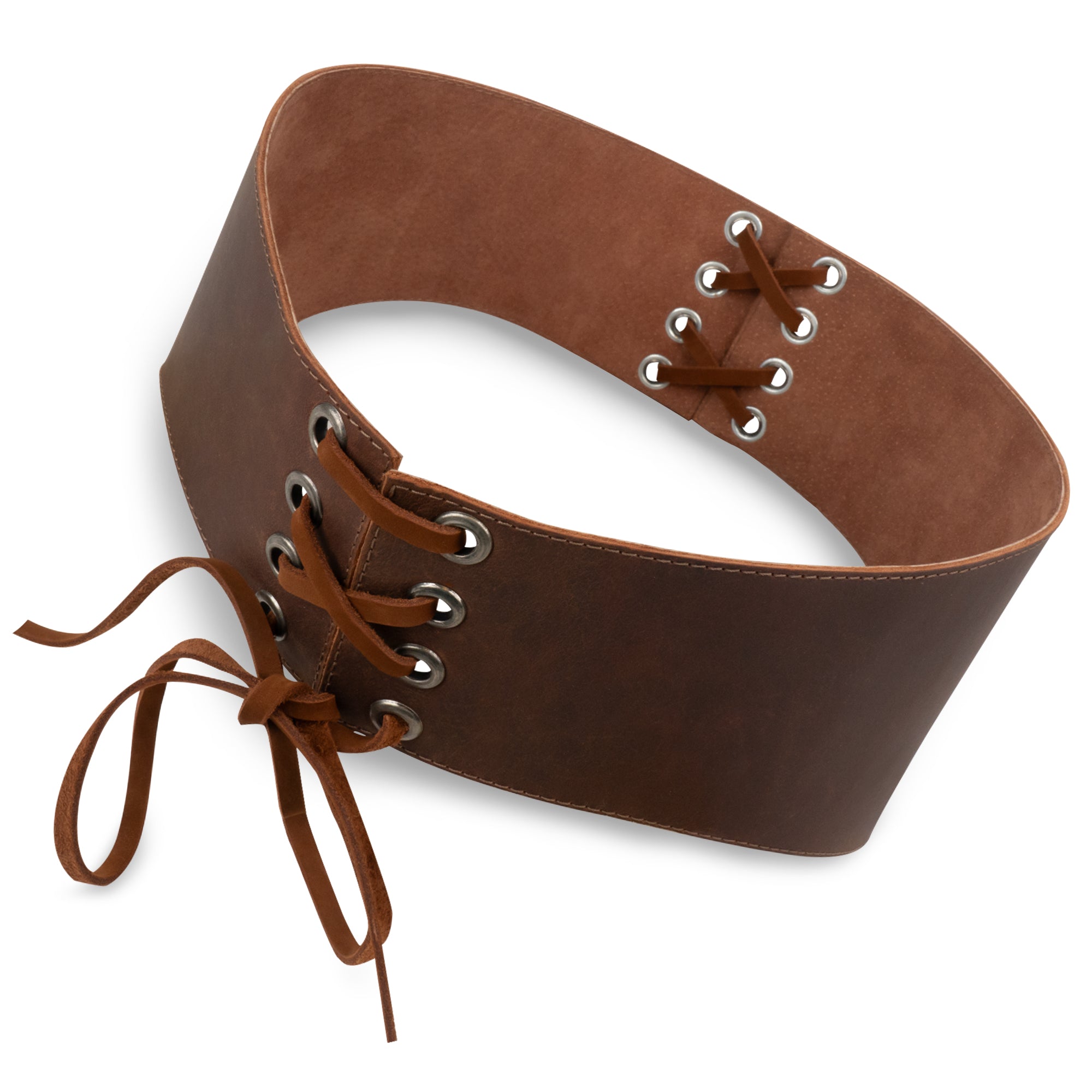 Close-up view of Hide & Play's Lace-up Corset Waist Belt for Women, featuring a stylish lace design in full grain leather. Perfect for adding a vintage touch as a costume accessory, made through small batch production and artisan skills. Handmade in La Antigua Guatemala & Oaxaca Mexico.