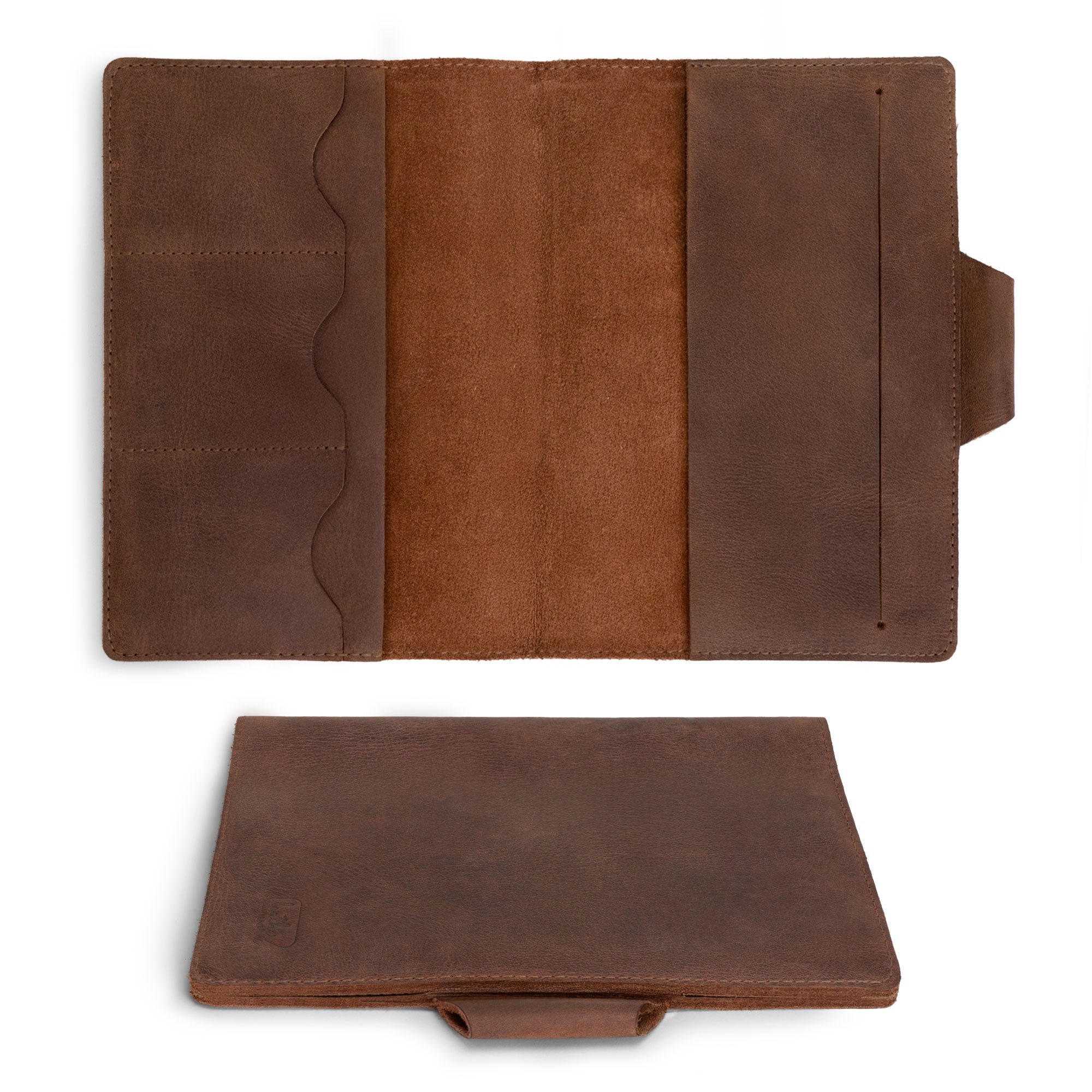 A5 Notebook Cover with Card Slots by Leather Worx, featuring an empty interior ready for notes. This rustic cover for Leuchtturm A5 Notebook with Card Slots (Notebook Not Included) highlights a minimalist style, crafted from full grain leather. StockyardX, small batch production, hand cut, hand sewn, fire branded, and artisan-made in La Antigua Guatemala.