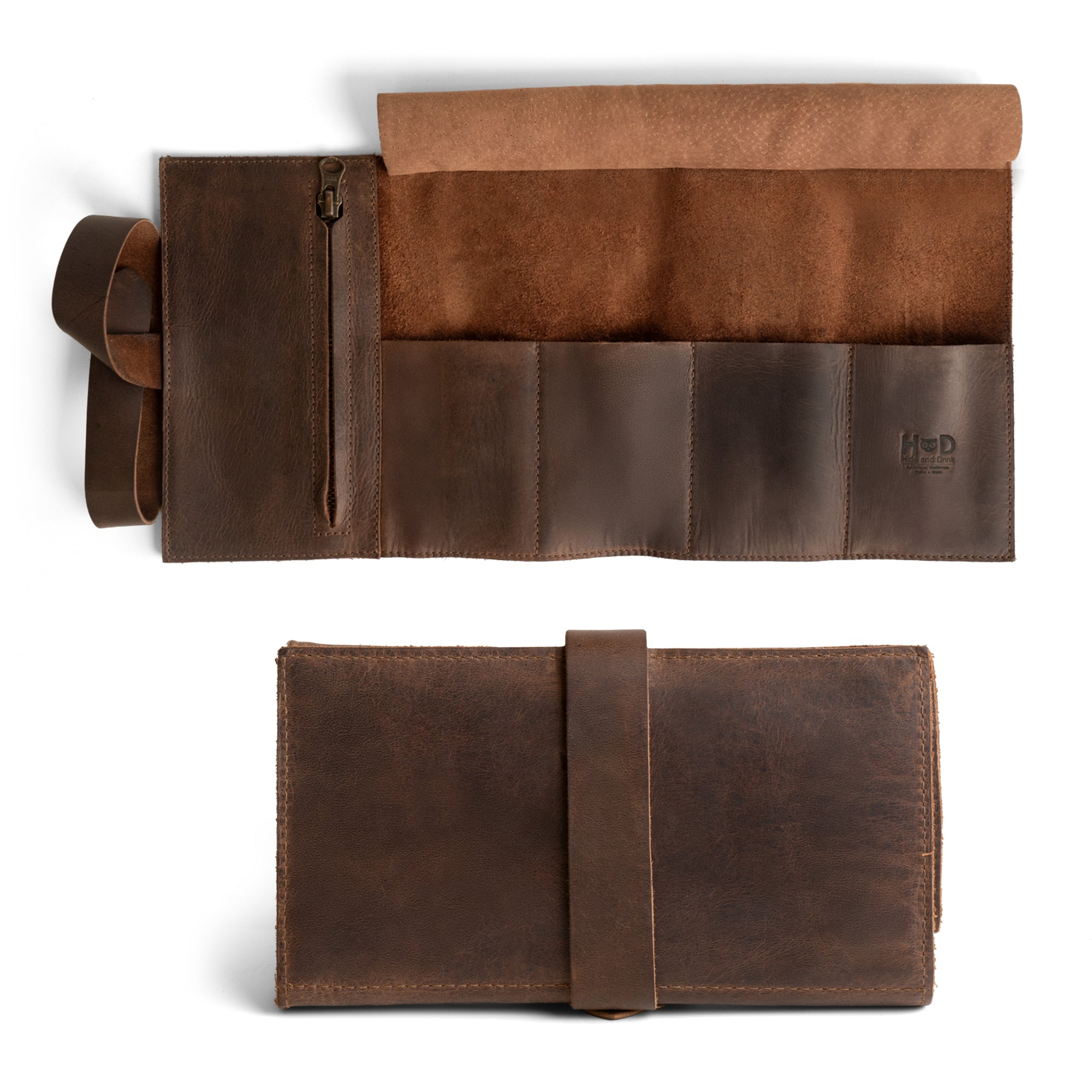 Hide & Drink Premium Watch Roll elegantly displayed with a smooth finish, including a zippered pouch for secure storage. This full grain leather watch roll organizer is ideal for watch enthusiasts and serves as a stylish travel essentials gift, showcasing artisan quality from small batch production in La Antigua Guatemala and Oaxaca Mexico.