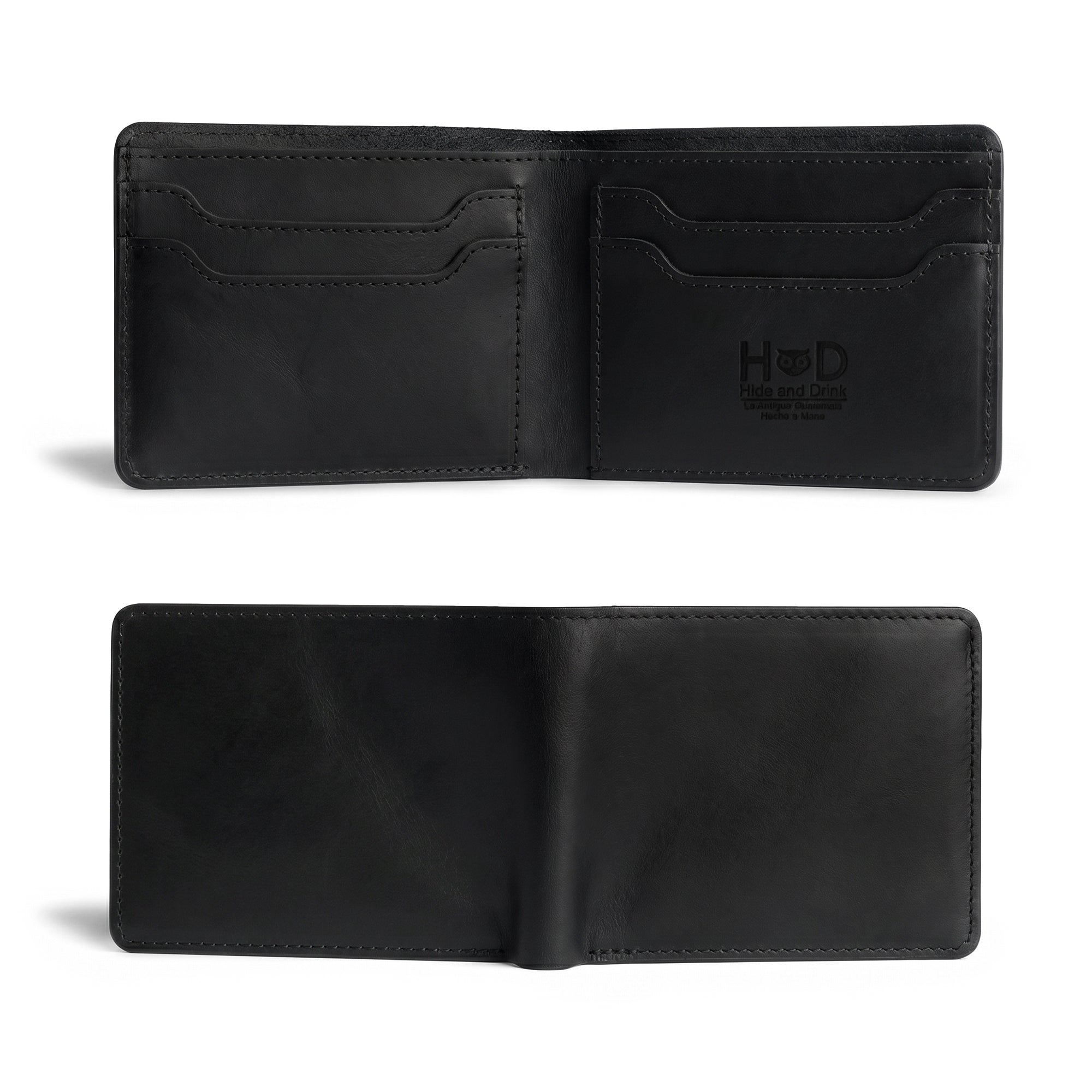 Classic Wallet displayed open with a business card, showcasing its utility. This Classic Bifold Wallet by Hide & Drink is crafted from Full Grain Leather, providing a practical storage case for identification. A stylish travel accessory, it reflects artisan craftsmanship with small batch production, hand cut and sewn in La Antigua Guatemala & Oaxaca Mexico.