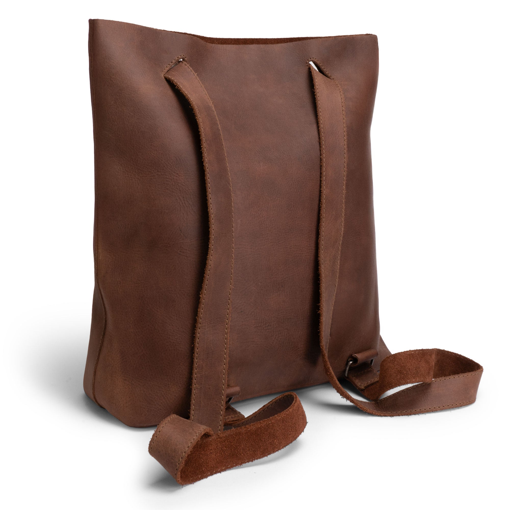 Back view of Heather's Convertible Backpack to Shoulder Bag, highlighting the durable straps and soft Full Grain Leather. This artistic piece serves as a spacious crossbody for women, ideal for everyday use as both a squared purse and a stylish backpack, handcrafted in La Antigua Guatemala & Oaxaca Mexico.