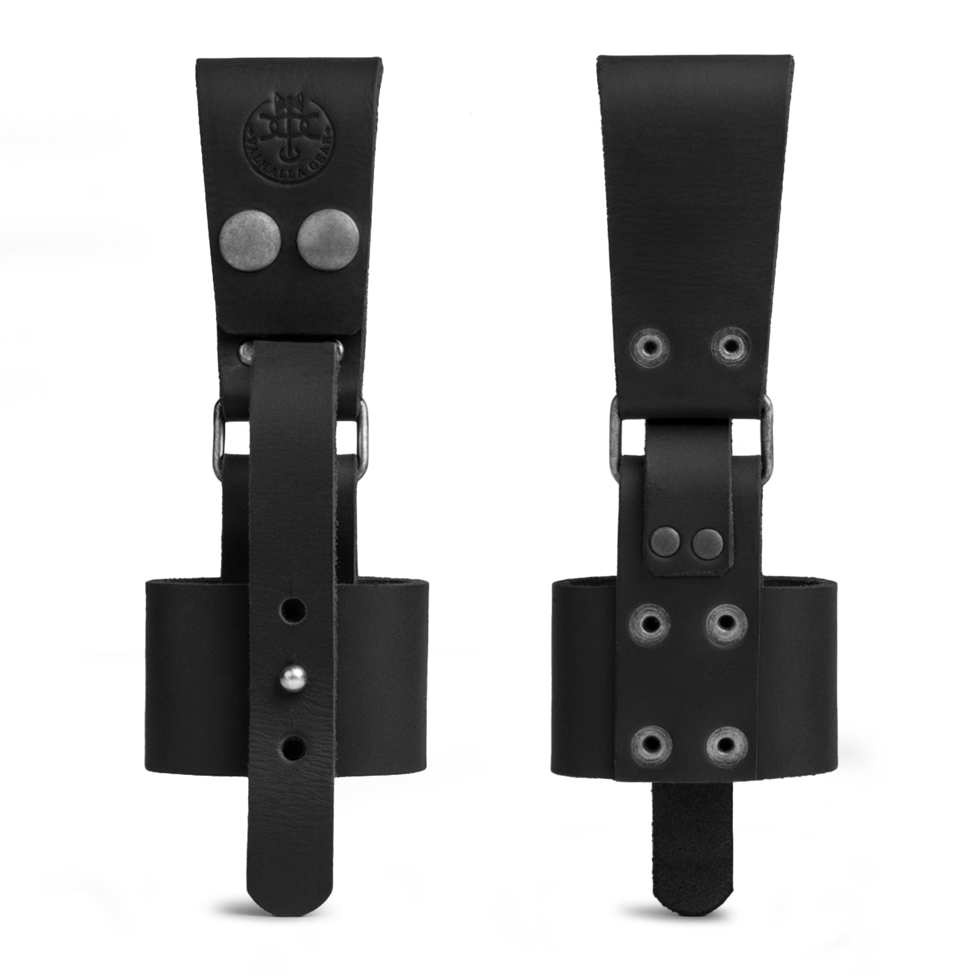 Back view of the Valhalla Gear Axe Holder with Belt Loop in black leather, highlighting its handcrafted details. This practical hip holster for tools combines rustic aesthetics with functionality, made from premium full grain leather in La Antigua Guatemala.