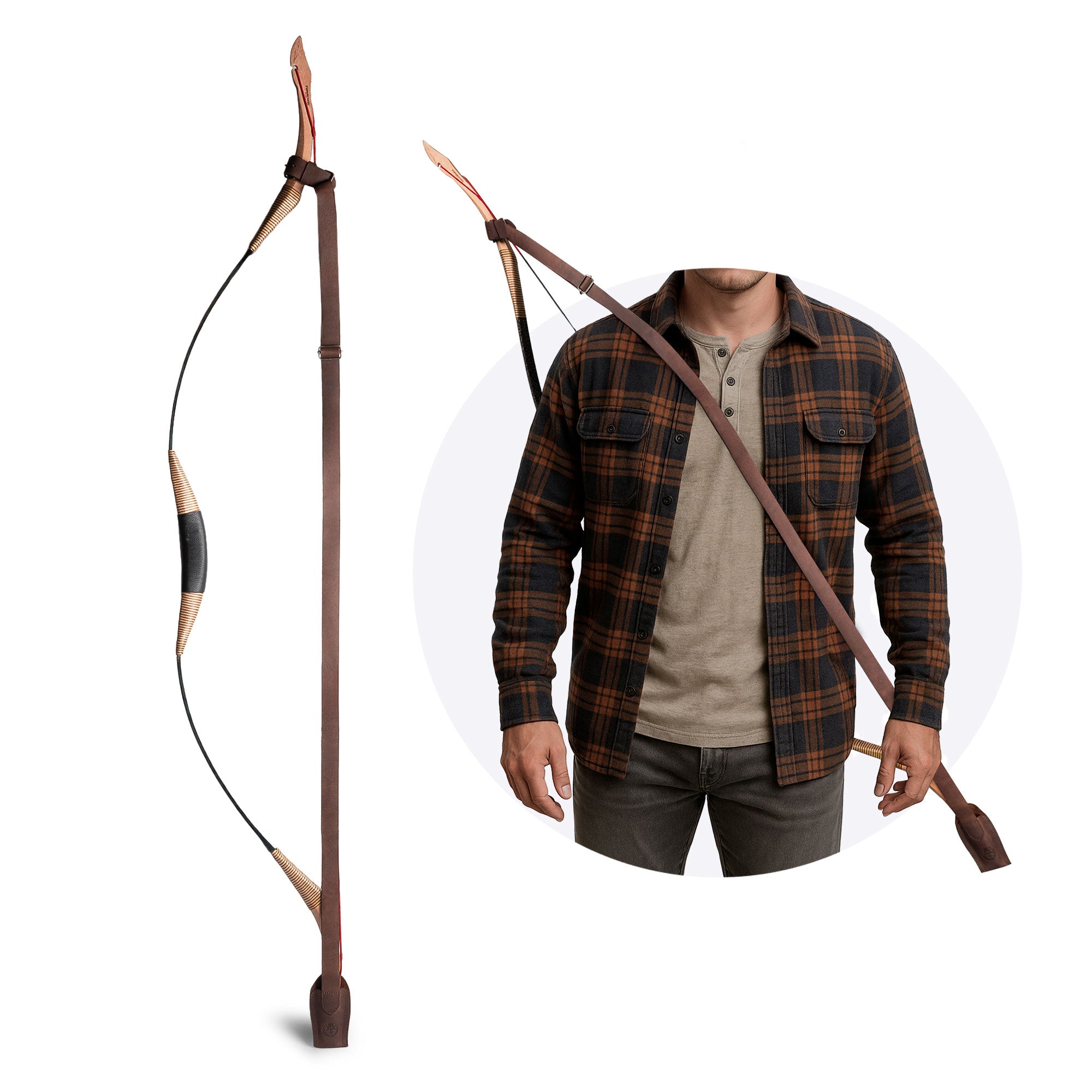 A model demonstrating the Archery Bow Sling from Valhalla Gear, a comfortable bow carrier ideal for hunting and practice. Crafted from full grain leather, this shoulder strap is perfect for archers looking for a durable and stylish accessory. Archery Bow Shoulder Strap, Sling, Bow Carrier, Hunting & Practice, Full Grain Leather, StockyardX, Small Batch Production, Hand Cut, Hand Sewn, Fire Branded, Artisan, Handmade in La Antigua Guatemala & Oaxaca Mexico.