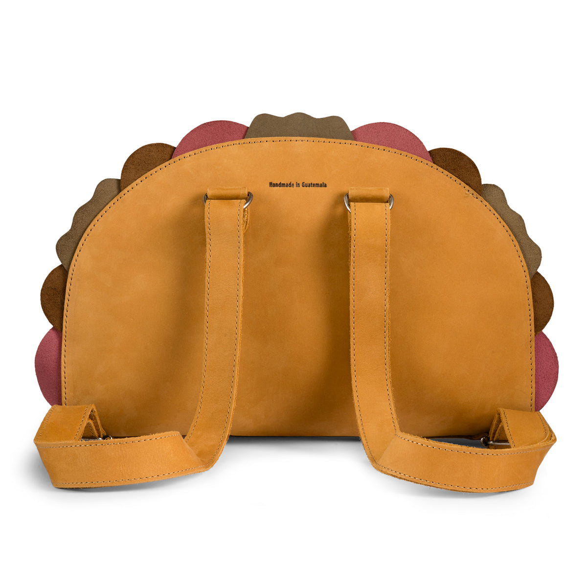 Back view of the Hide & Drink Taco Backpack, a Taco Backpack and Fashion Zippered Bag with Carry Pack with Adjustable Shoulder Straps, Fun Carryalls style, Casual Daypack design, and Travel Accessory appeal; made from Full Grain Leather by StockyardX through Small Batch Production, Hand Cut and Hand Sewn with Fire Branded Artisan details, Handmade in La Antigua Guatemala & Oaxaca Mexico.