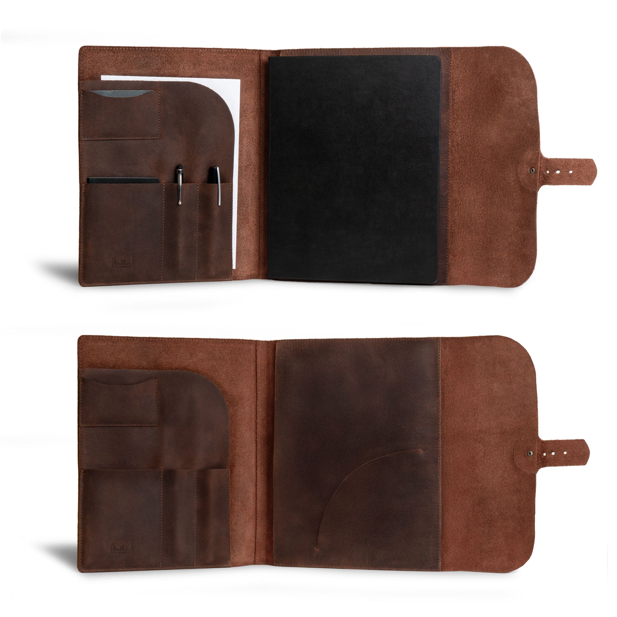 Inside view of the Leather Worx Portfolio Moleskine Cover (8.5 x 11 in.) displaying a sleek black notepad and various pockets for organization. This Full Grain Leather product serves as a Moleskine Cover (8.5 x 11 in.) Executive Portfolio for Business and a Personal Planner for Men & Women, artisan-crafted in La Antigua Guatemala & Oaxaca Mexico.