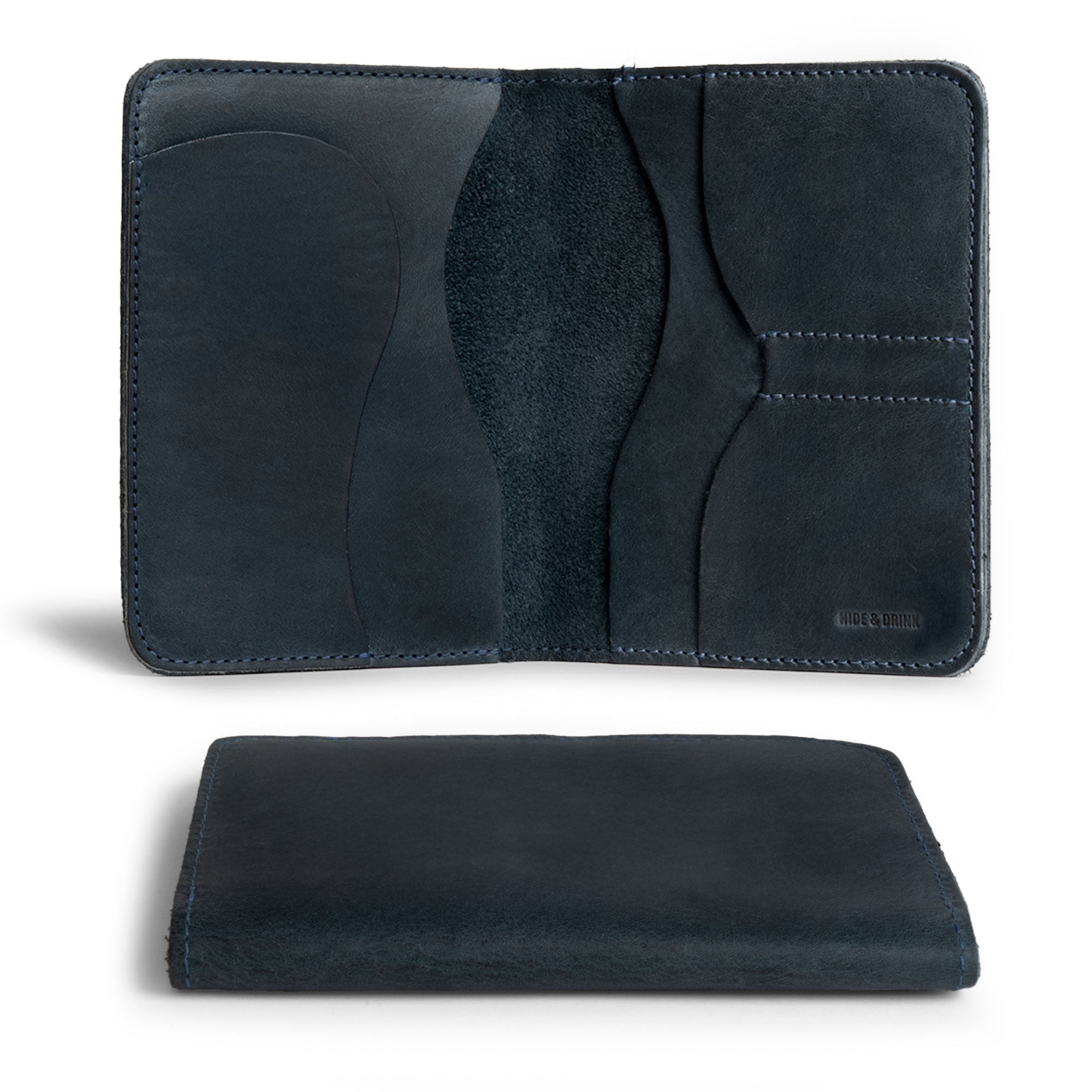 Inside structure of the navy Hide & Drink Double Passport Wallet W/Key Slot, displaying handcrafted slots for cards and keys, emphasizing artisan skills in full grain leather for travel enthusiasts.