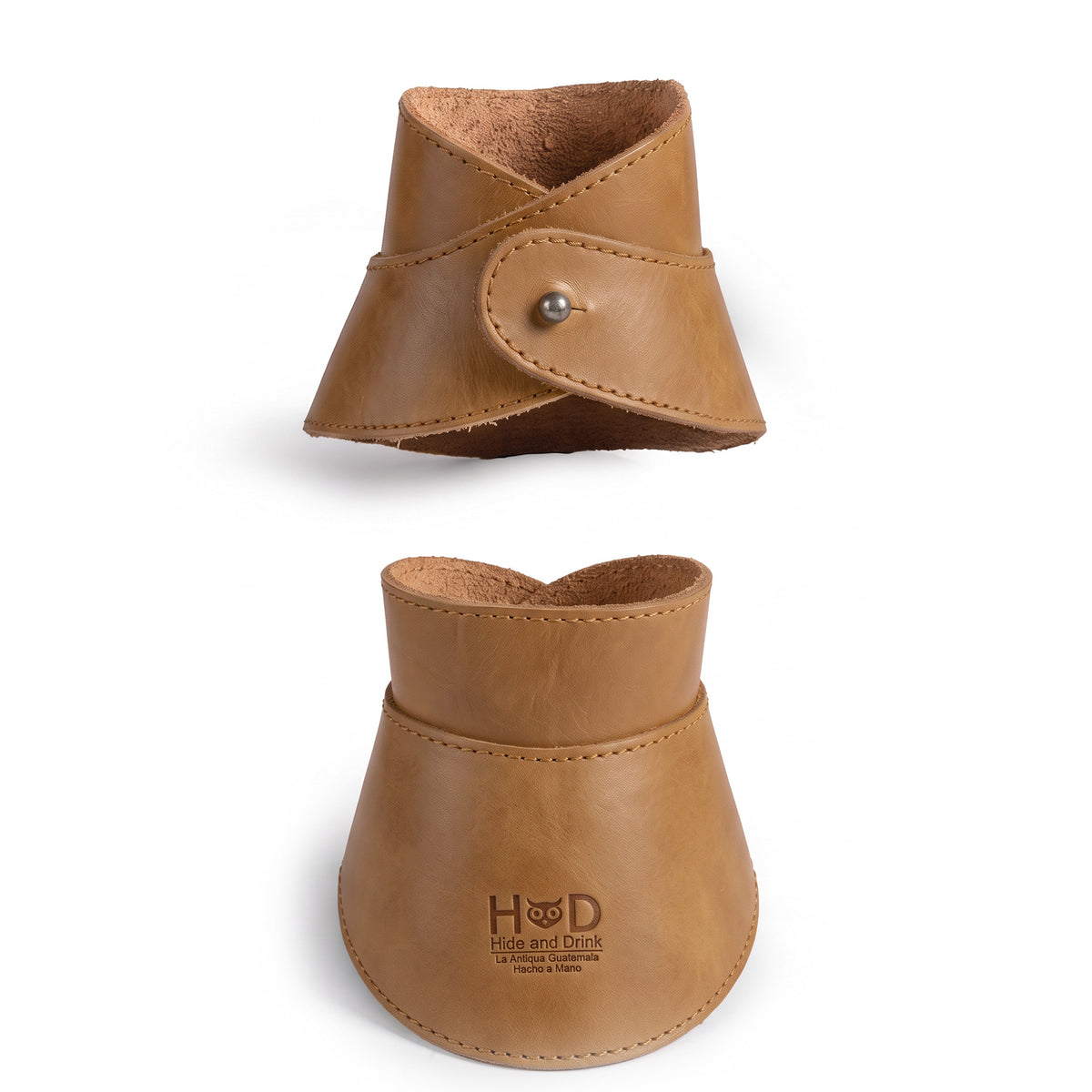 Side view of Hide & Drink Chemex Collar in brown leather that fits a glass coffee maker perfectly. Designed for pour over coffee, compatible with Chemex 6-Cup Glass, handmade by artisans in La Antigua Guatemala & Oaxaca Mexico.