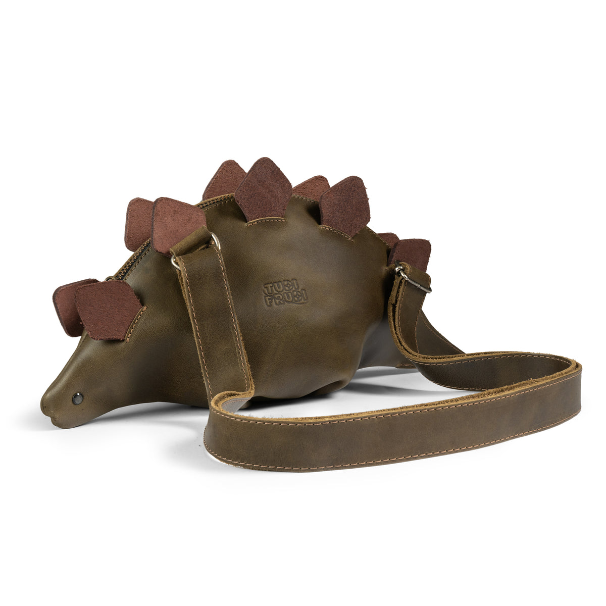 Back view of the Tudi Frudi Leather Dinosaur Stegosaurus Crossbody Jurassic Bag with adjustable Shoulder Bag strap, Full Grain Leather construction, Small Batch Production, Hand Cut and Hand Sewn Artisan details, Fire Branded by StockyardX and Handmade in La Antigua Guatemala & Oaxaca Mexico.