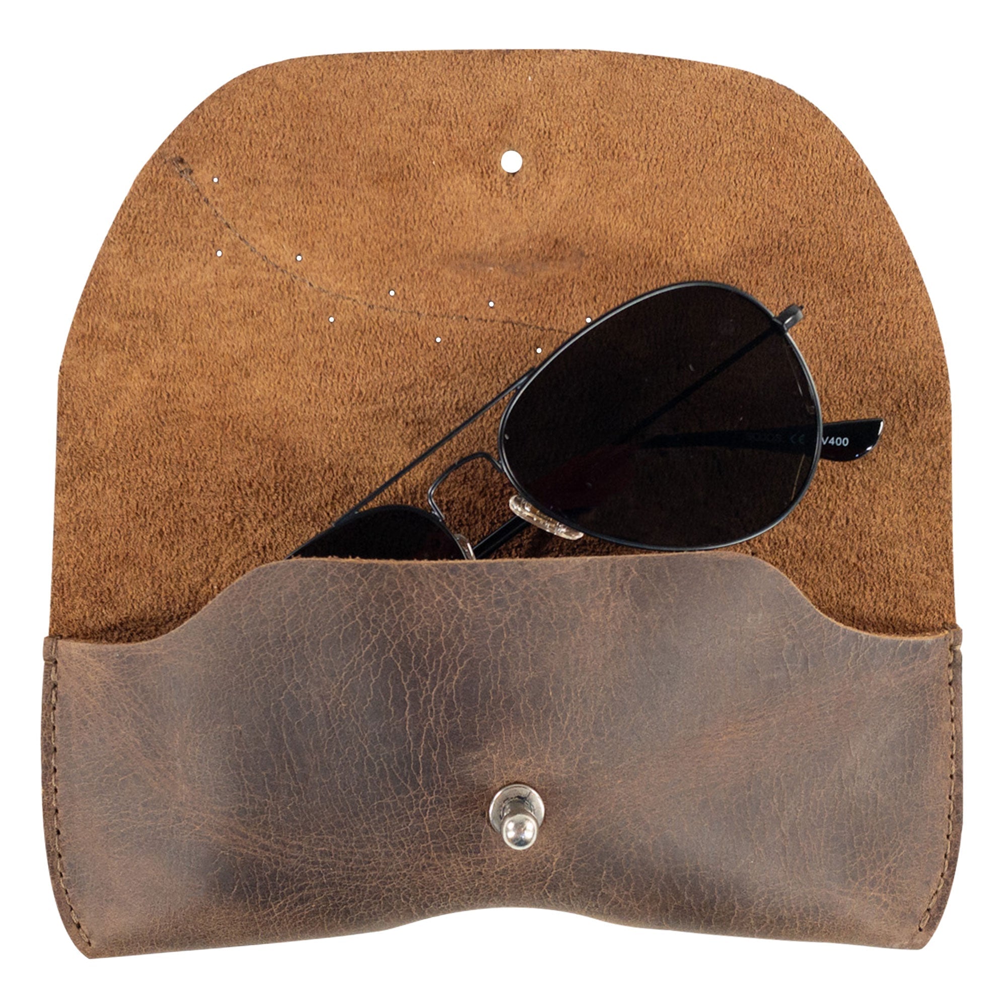 Inside view of Heather's Eyeglasses Case holding sunglasses, illustrating its soft suede lining. This thoughtful design ensures your eyewear is safe, making it a great sunglasses sleeve for women who appreciate high-quality craftsmanship.