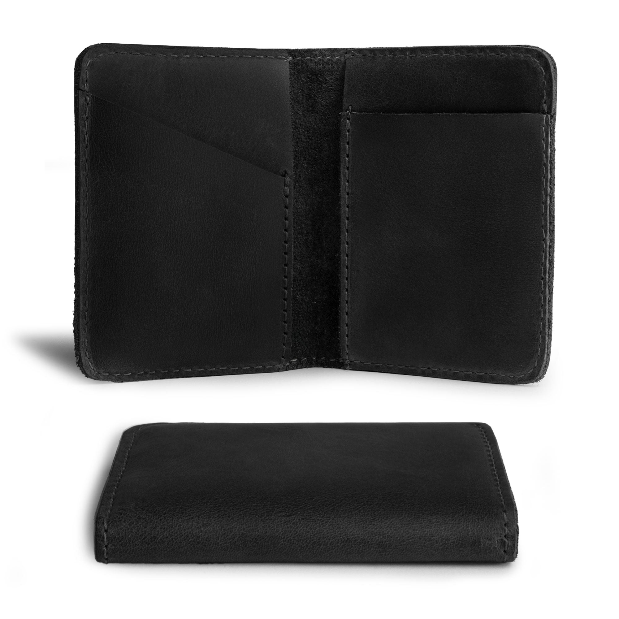 Hide & Drink Bifold Wallet laid out flat, showcasing its elegant black leather finish, ideal for those seeking a minimalist traveler wallet.