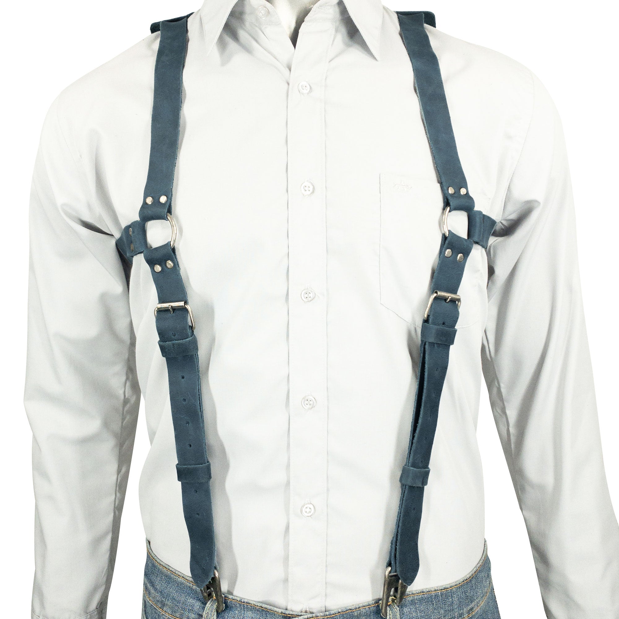 Model showcasing dark Vintage Renaissance Suspenders by Hide & Groom, emphasizing the unique artisan craftsmanship and durable materials for a vintage look.