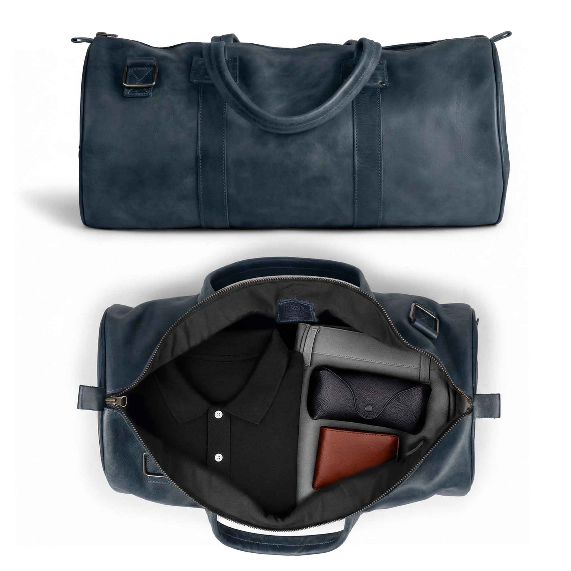 Classic Duffle Bag by Hide & Drink in dark brown leather, showcasing its elegant design and practical features such as zipper closure and adjustable strap. This luxurious Full Grain Leather Classic Duffle Bag is a perfect Messenger Bag, made by artisans in La Antigua Guatemala & Oaxaca Mexico.