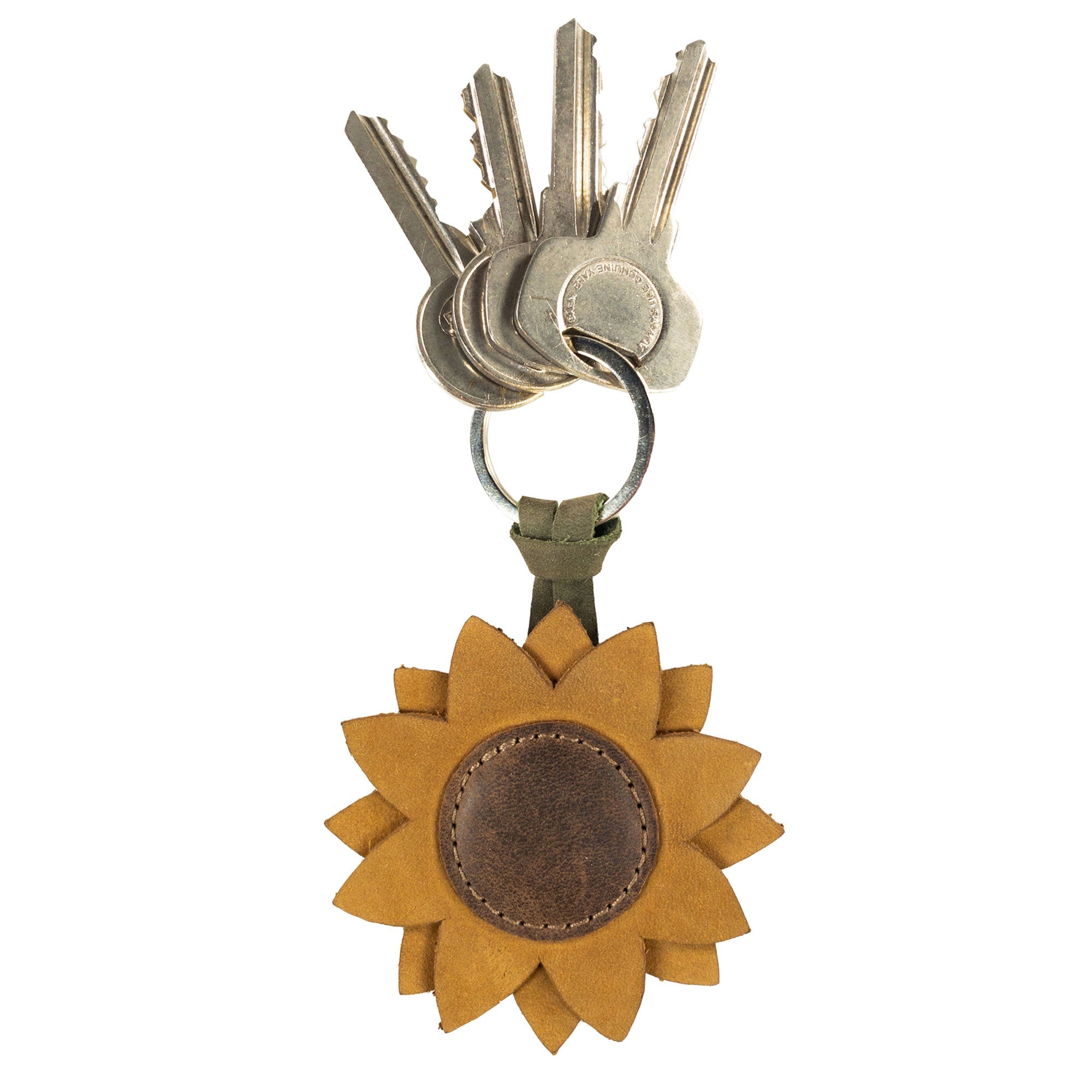 Sunflower Keychain by Hide & Drink displayed with keys, illustrating its stylish accessory design in full grain leather for easy attachment, artisan crafted in Oaxaca Mexico.