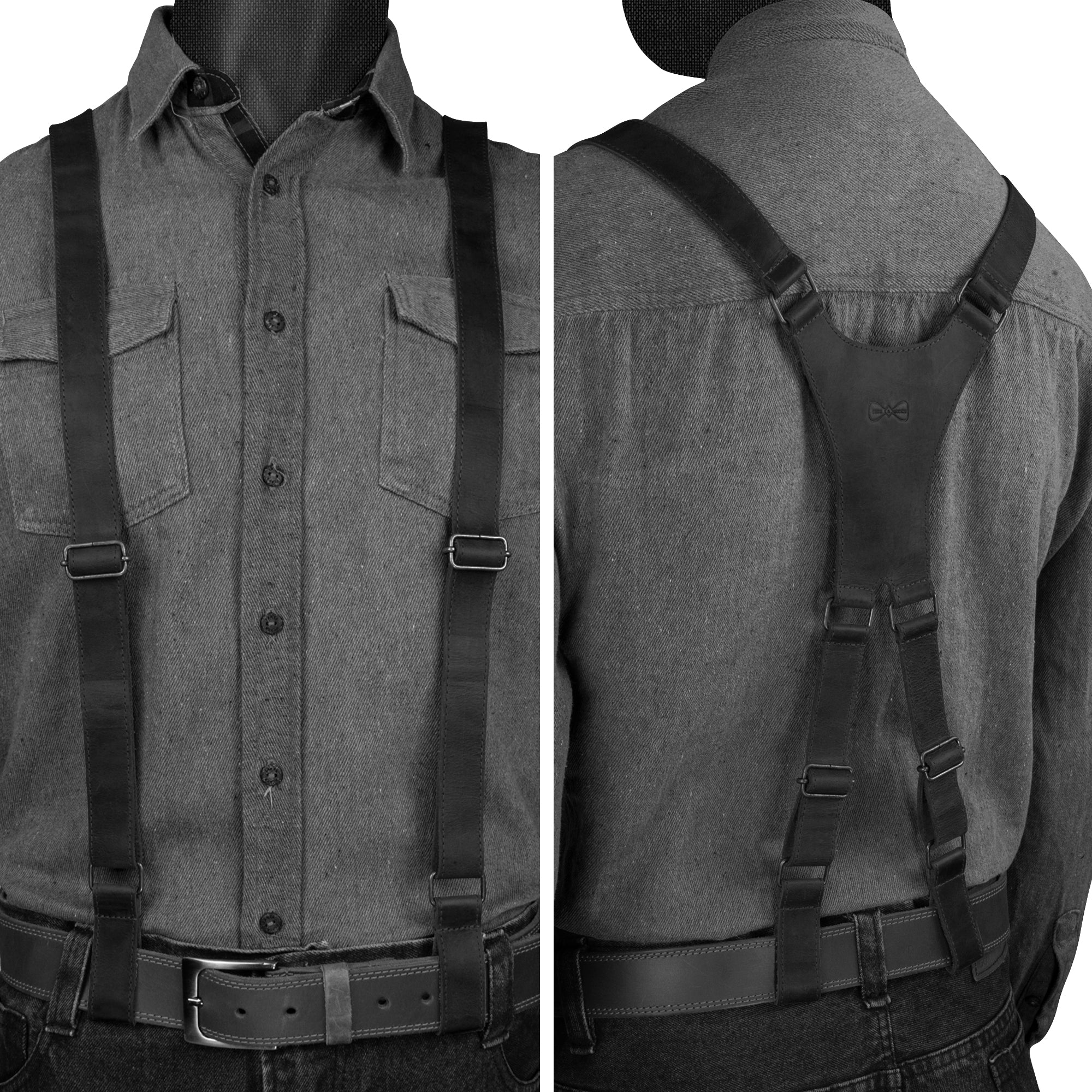 Front and back view of Hide & Groom's X Back Formal Suspenders in sleek black full grain leather, showcasing their elegant style. These suspenders offer great shoulder support, making them a necessary wedding accessory. Each pair is artisan-crafted, ensuring they are handmade, hand cut, and fire branded with care in La Antigua Guatemala.